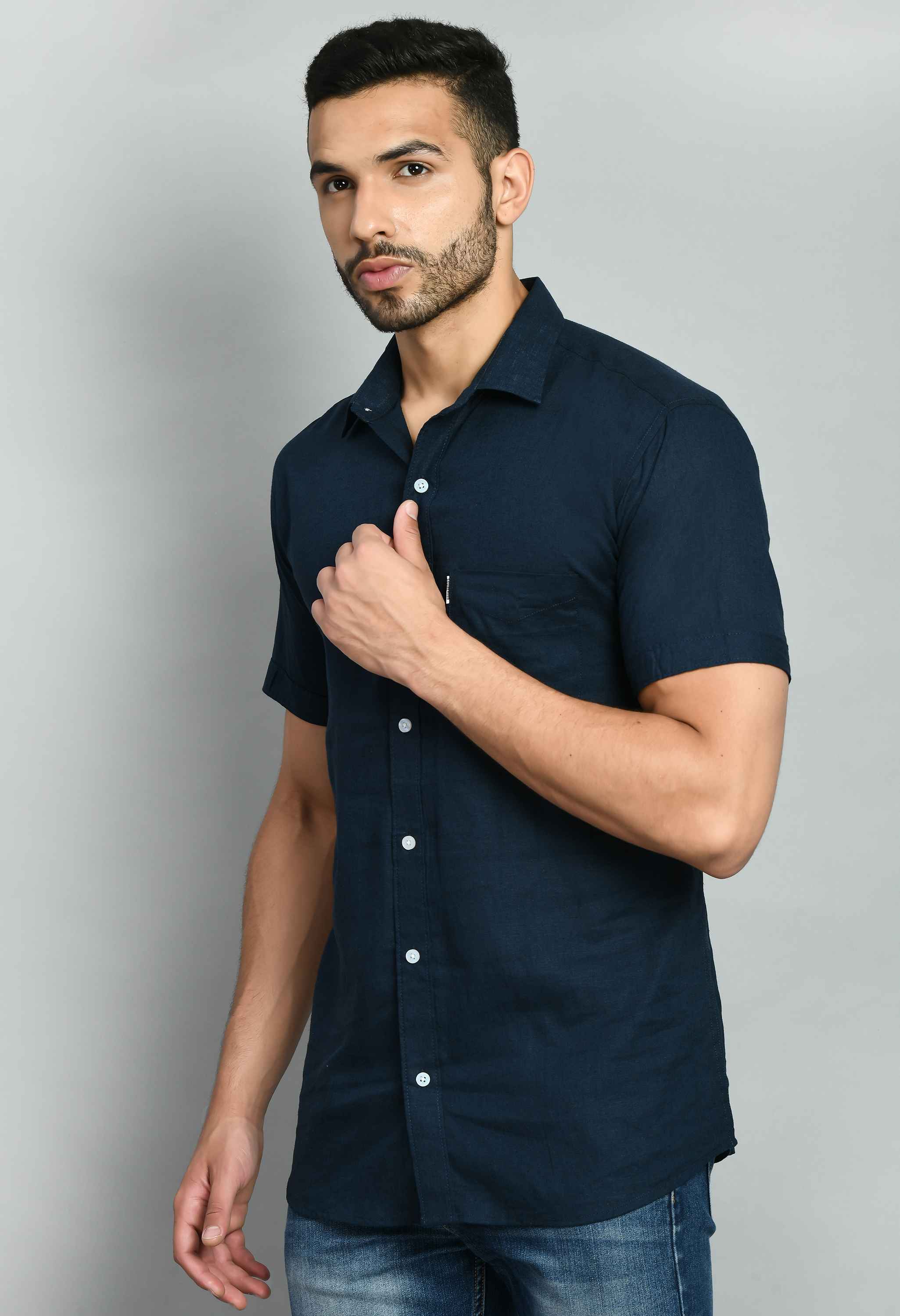 Solid Navy Linen Shirt - SQUIREHOOD