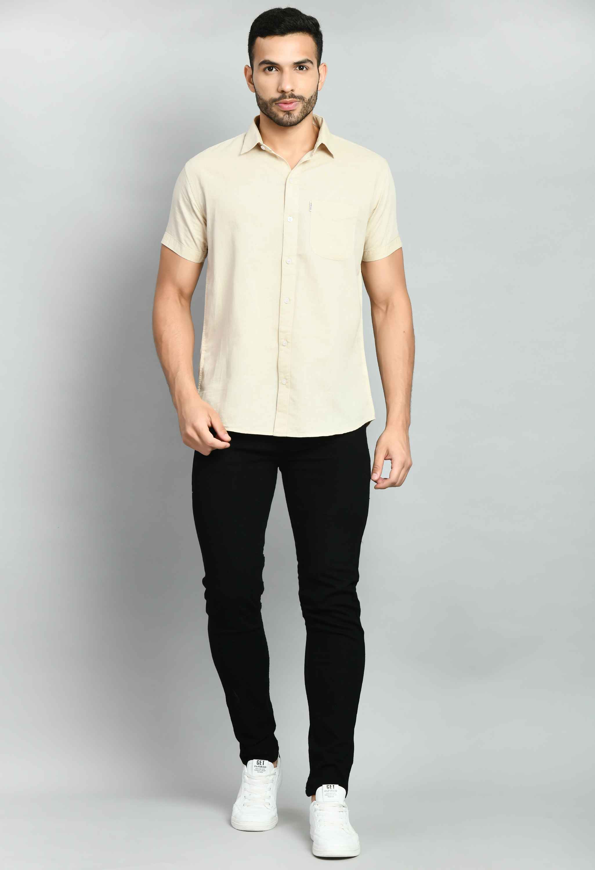 Plain Beige Linen Half Sleeve Shirt - SQUIREHOOD