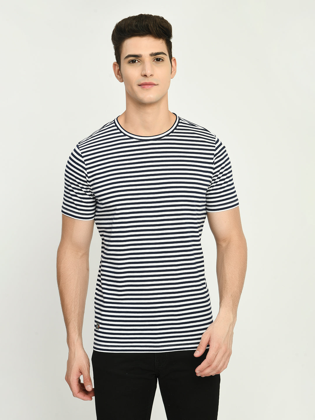 Men's Navy White Striped Round Neck T-Shirt - SQUIREHOOD
