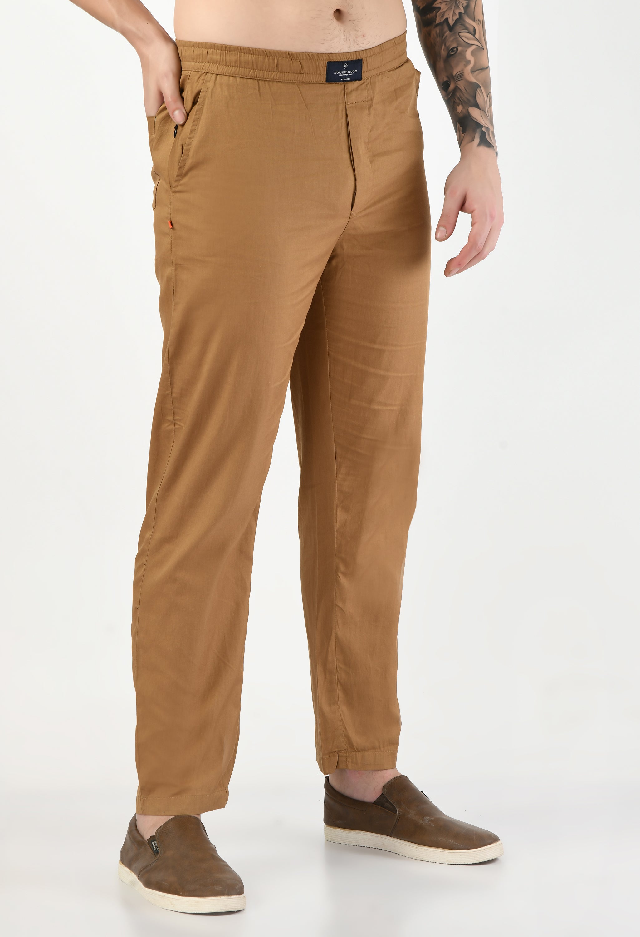 Beige Plain Relaxed Fit Casual Trouser