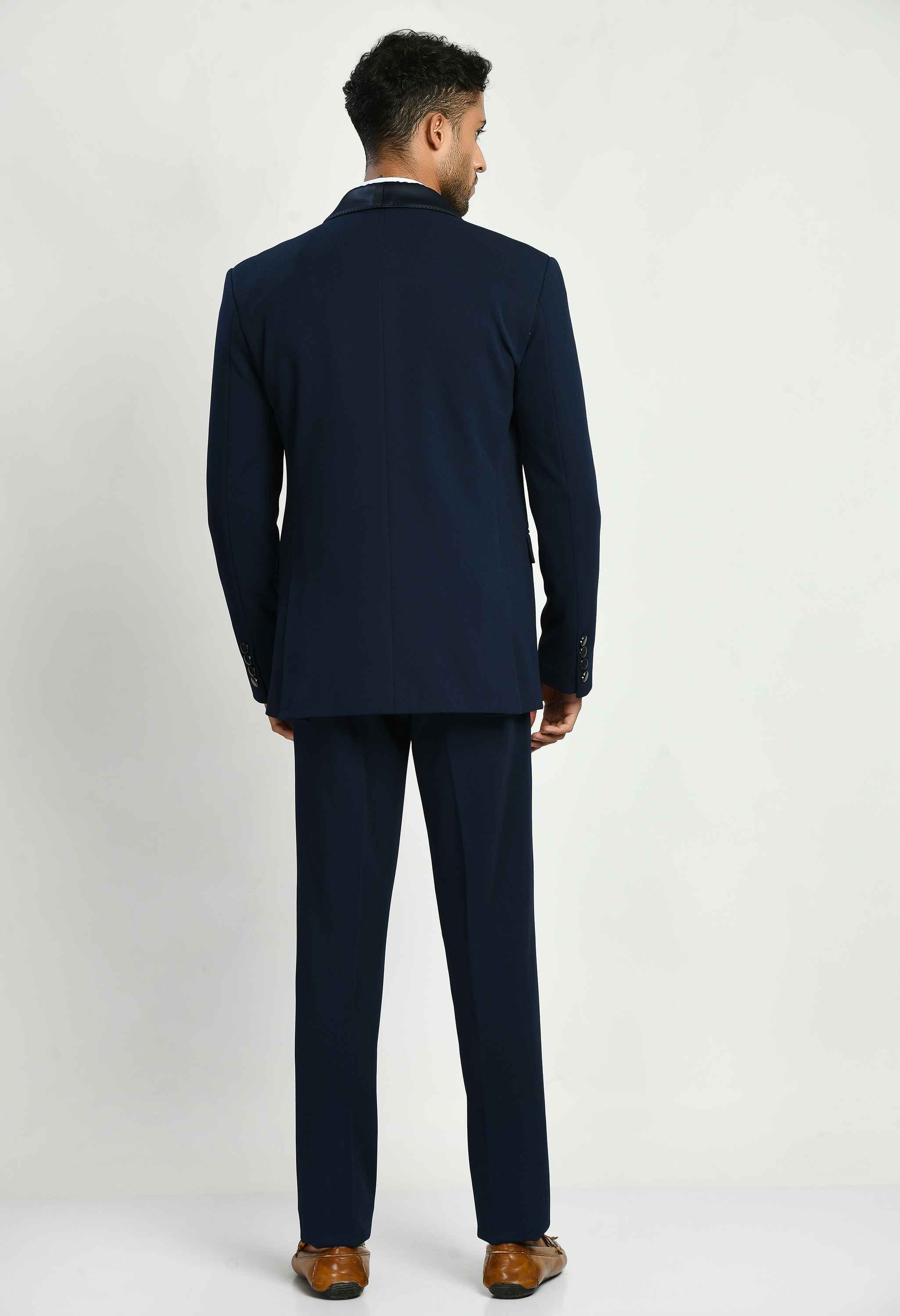 Knitted Navy Blue Self Design Suit