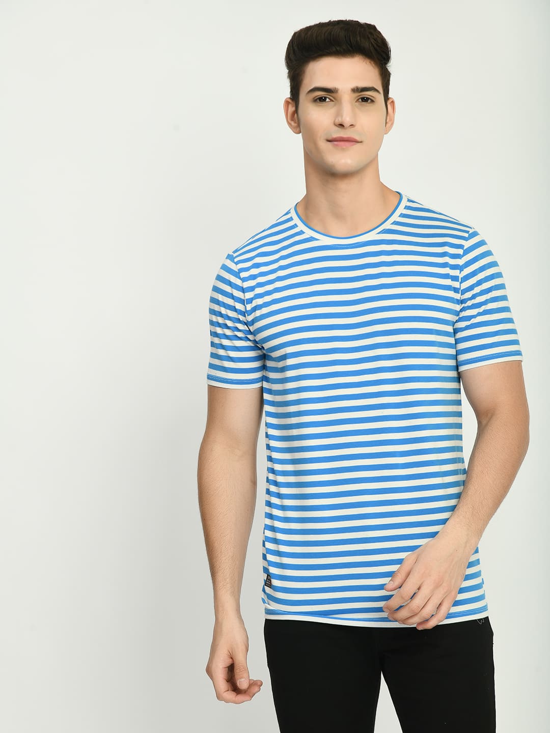 Men's Blue White Striped Knitted T-Shirt
