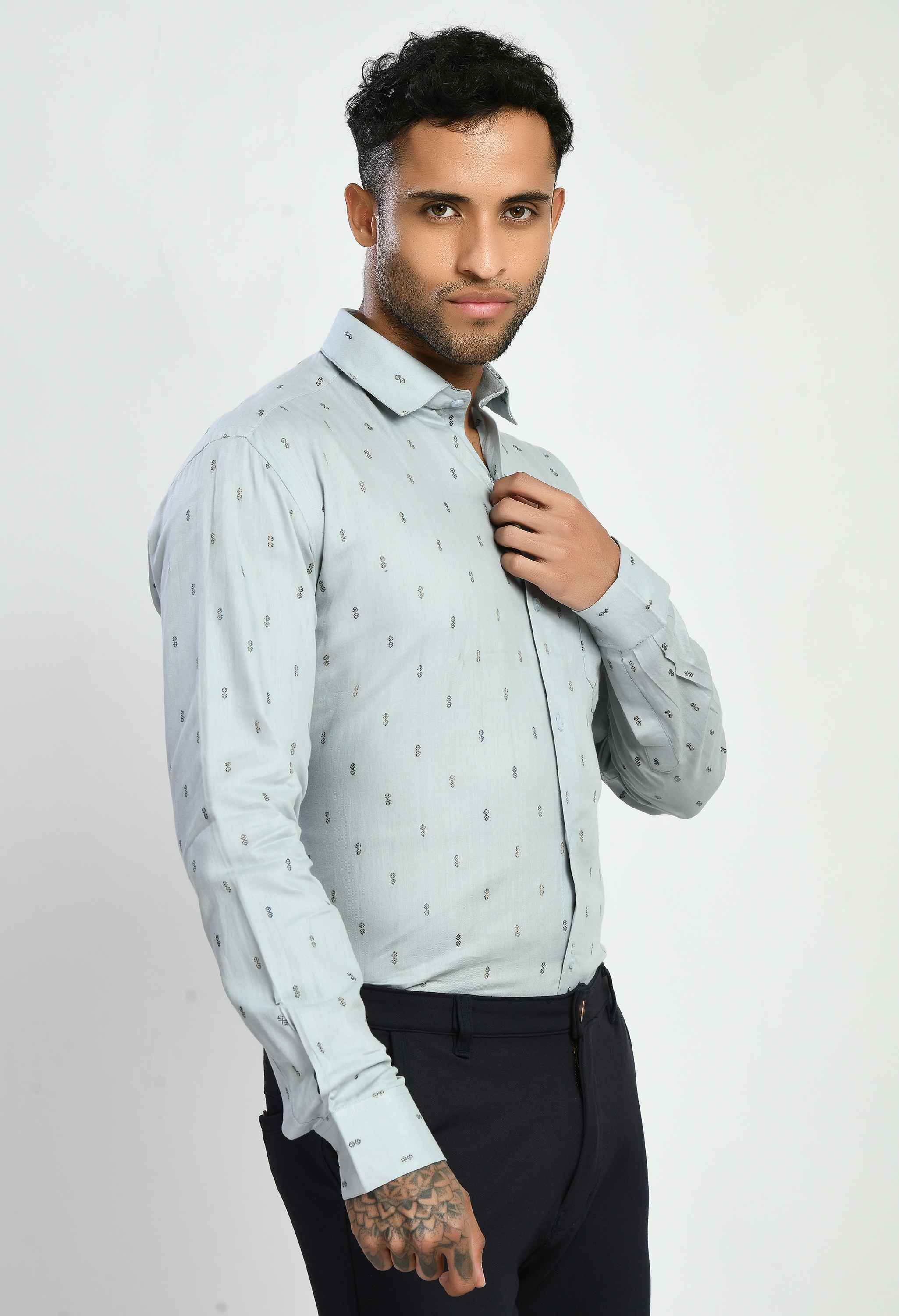Men's Printed Grey Cotton Spread Collar Formal Shirt