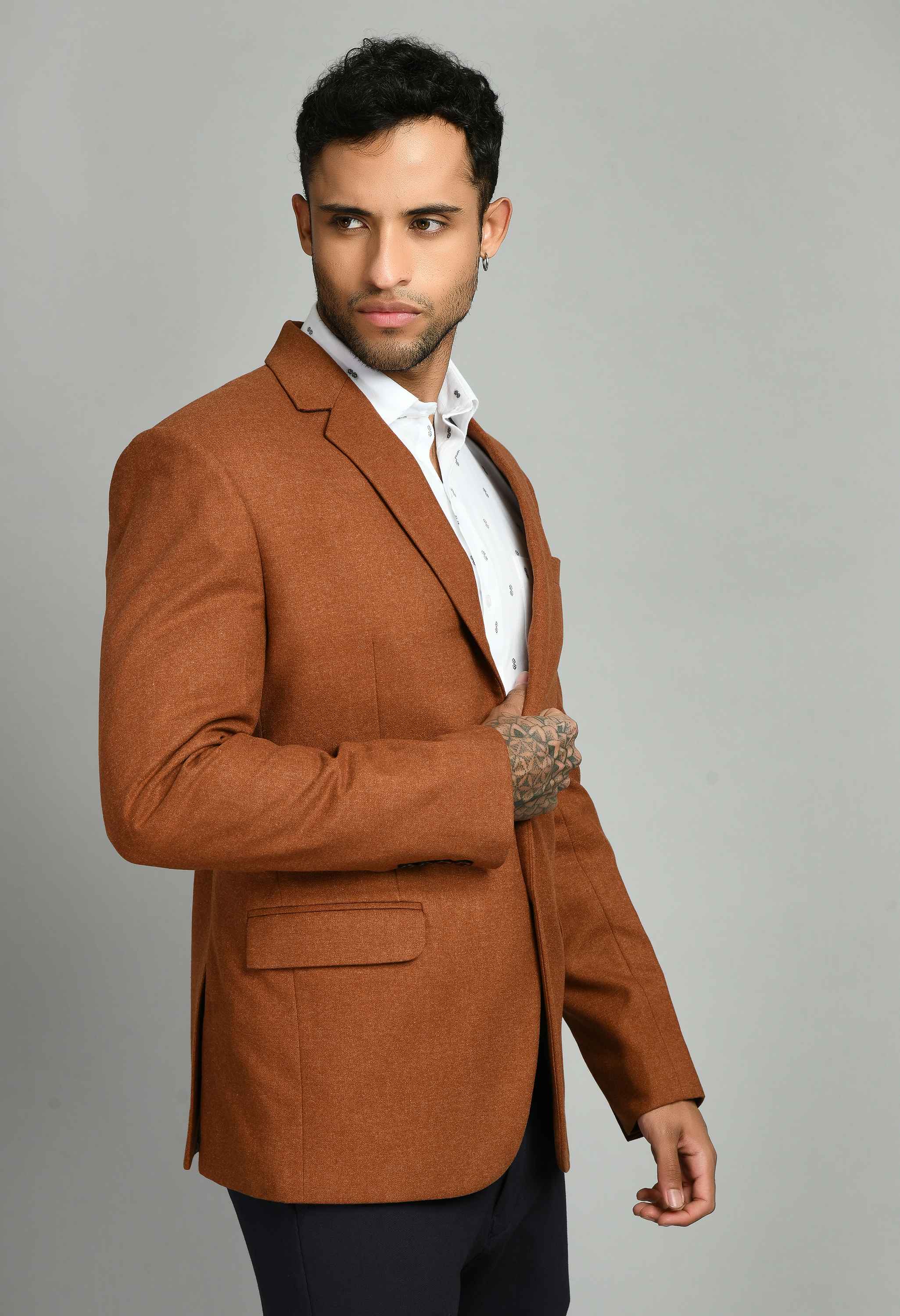 Rust Solid Casual Blazers with Notched Lapel