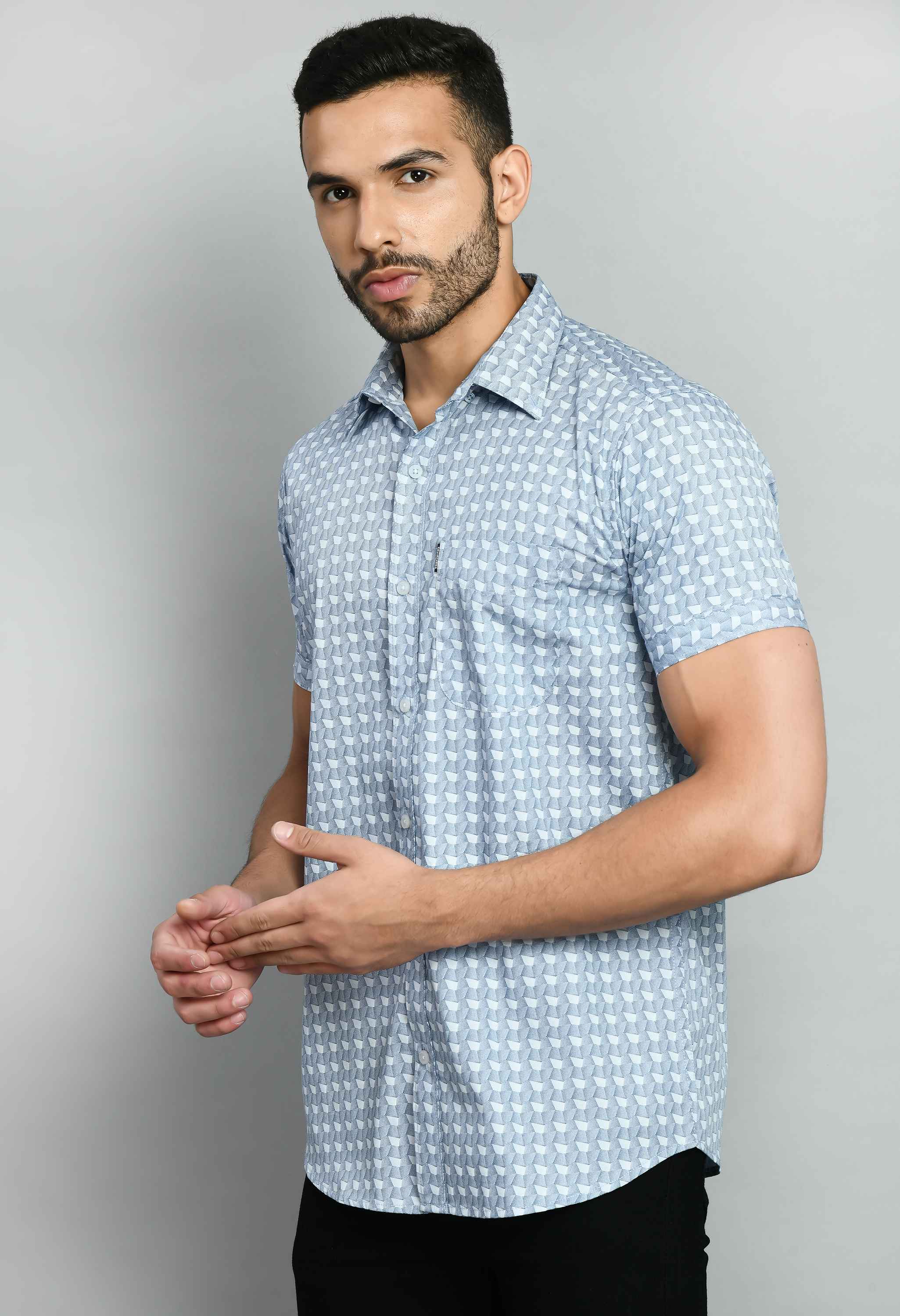 Men's Printed Sky Blue Short Sleeve Shirt - SQUIREHOOD