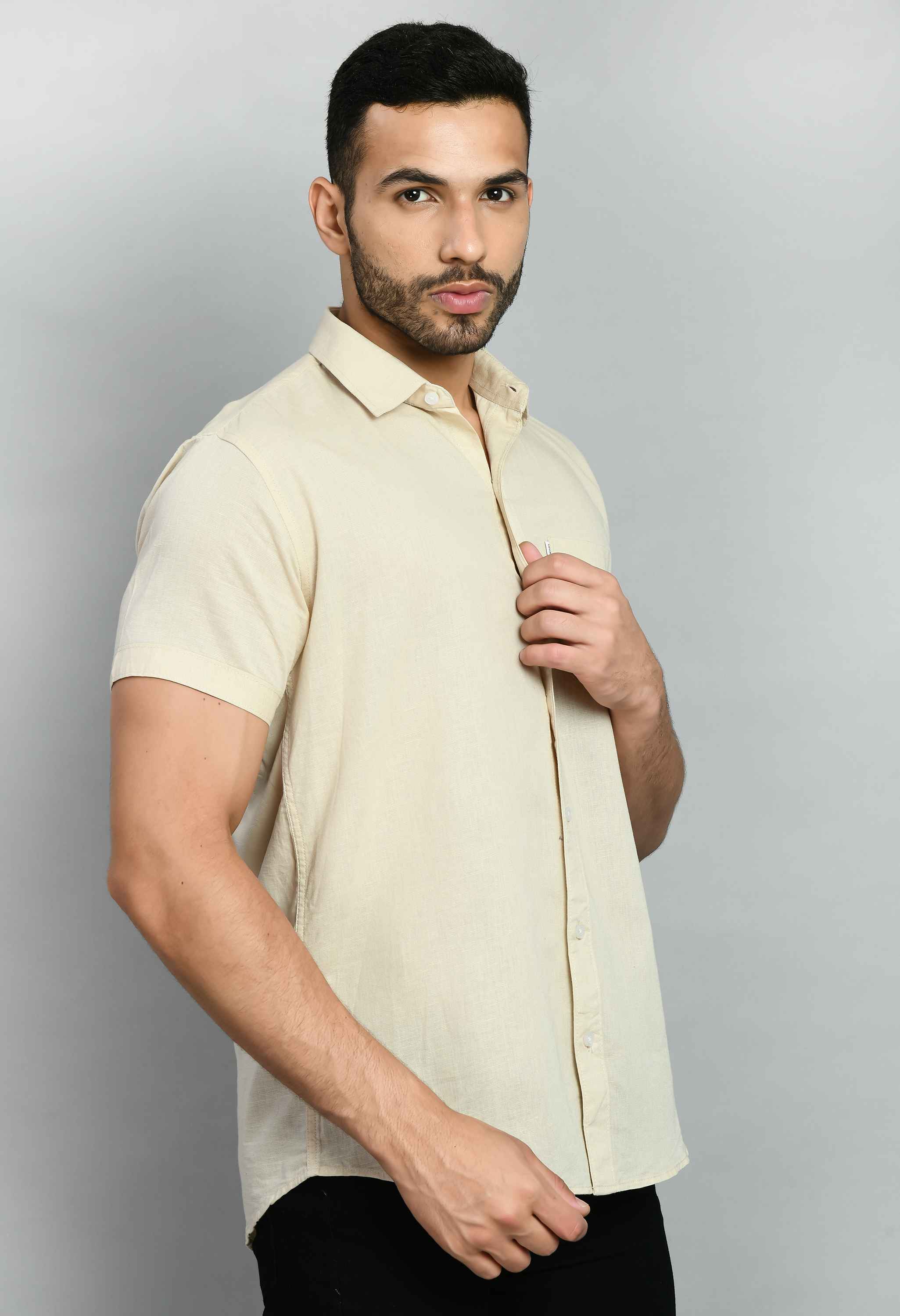 Plain Beige Linen Half Sleeve Shirt - SQUIREHOOD