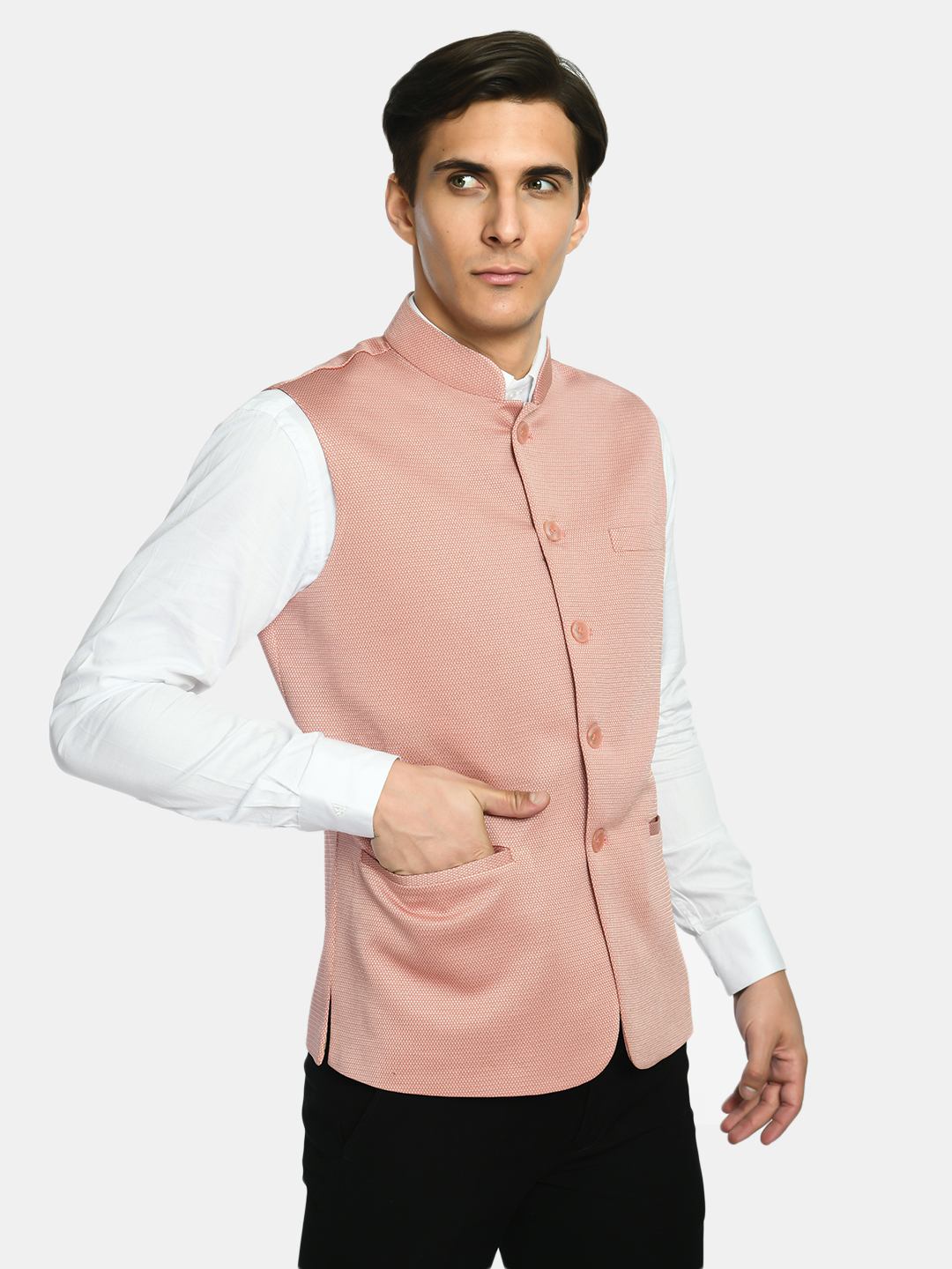 Pantone Peach Knitted Solid Nehru Jacket
