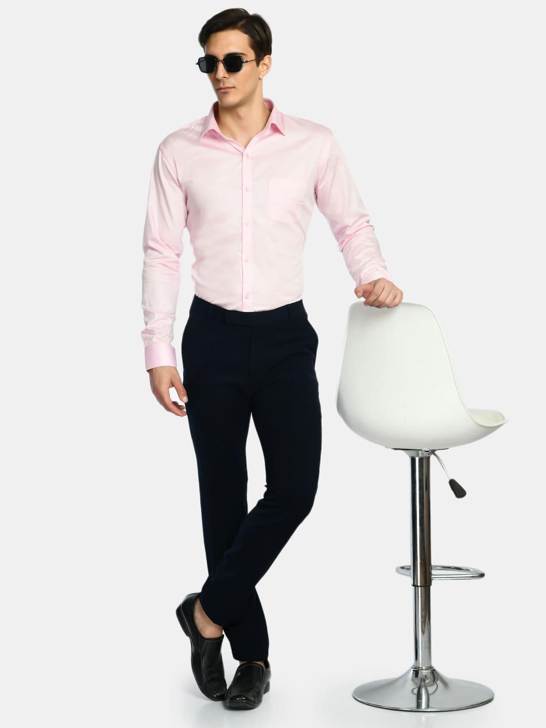 Solid Pink Spread Collar Formal Shirt with Curved Hemline