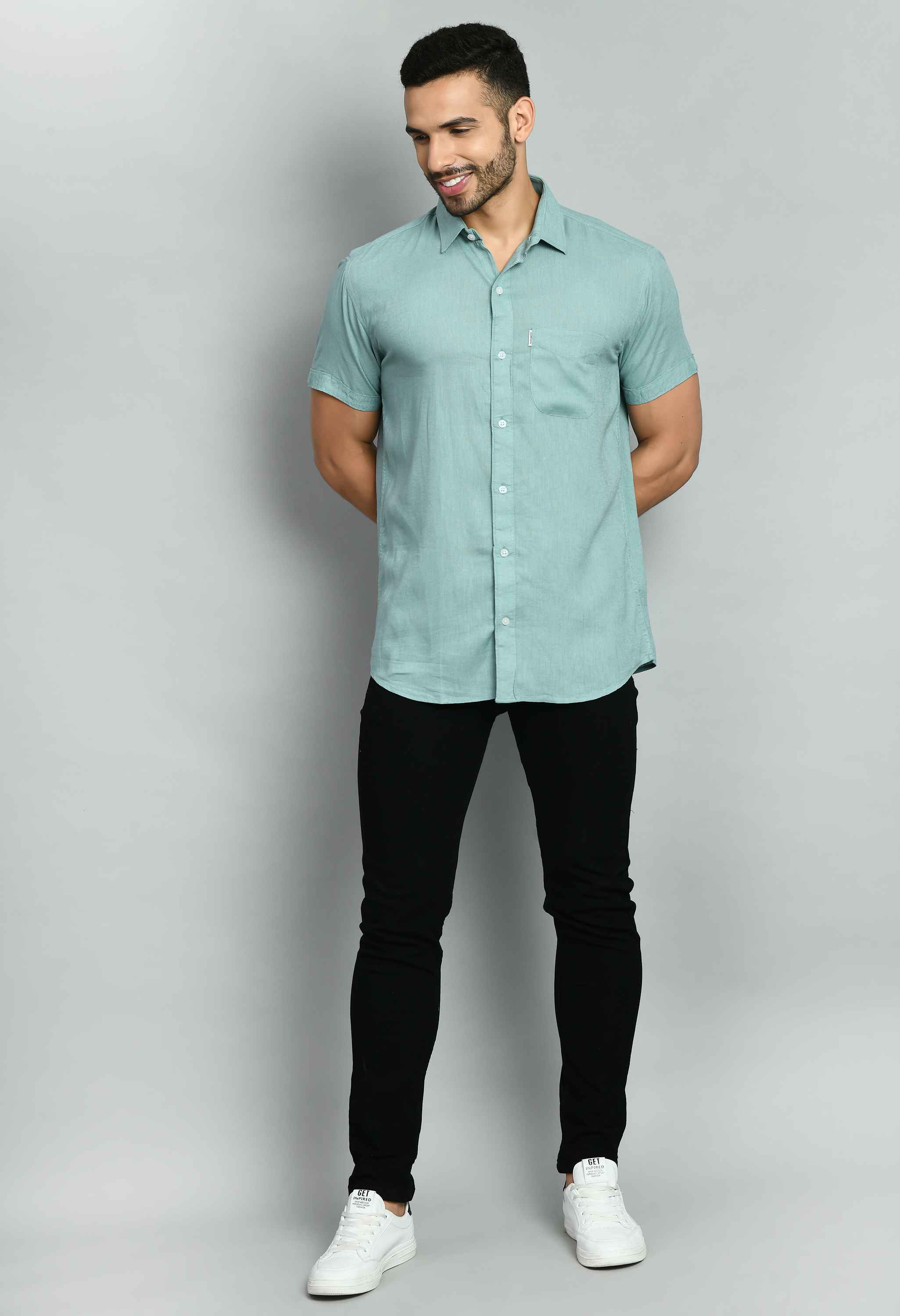 Basic Mint Green Linen Casual Shirt