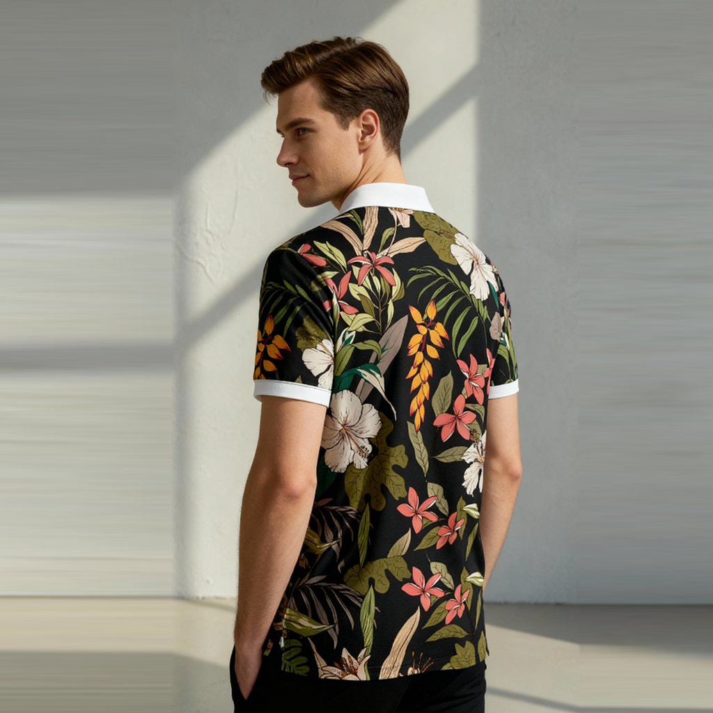 Black Floral Print Polo T-Shirt
