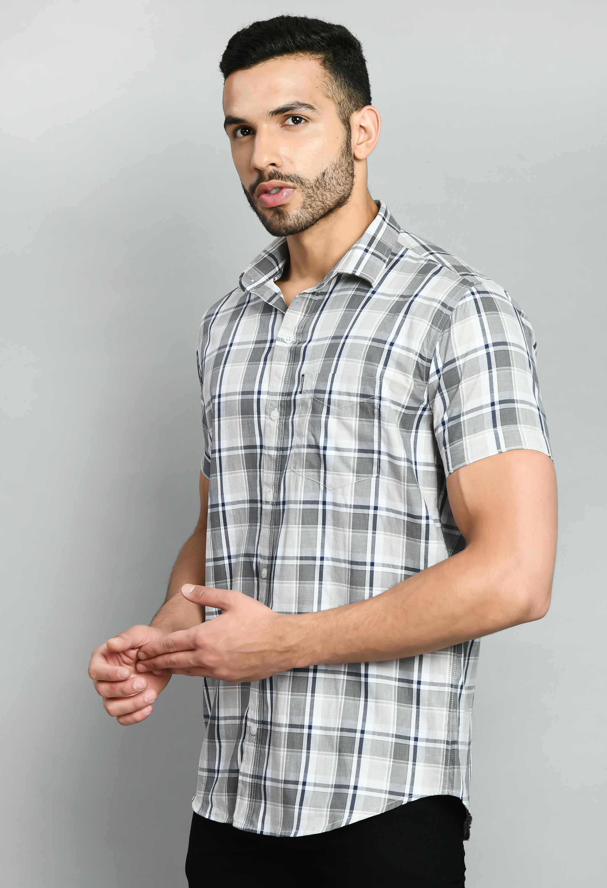 Cotton Smart Fit Checked Gray Shirt