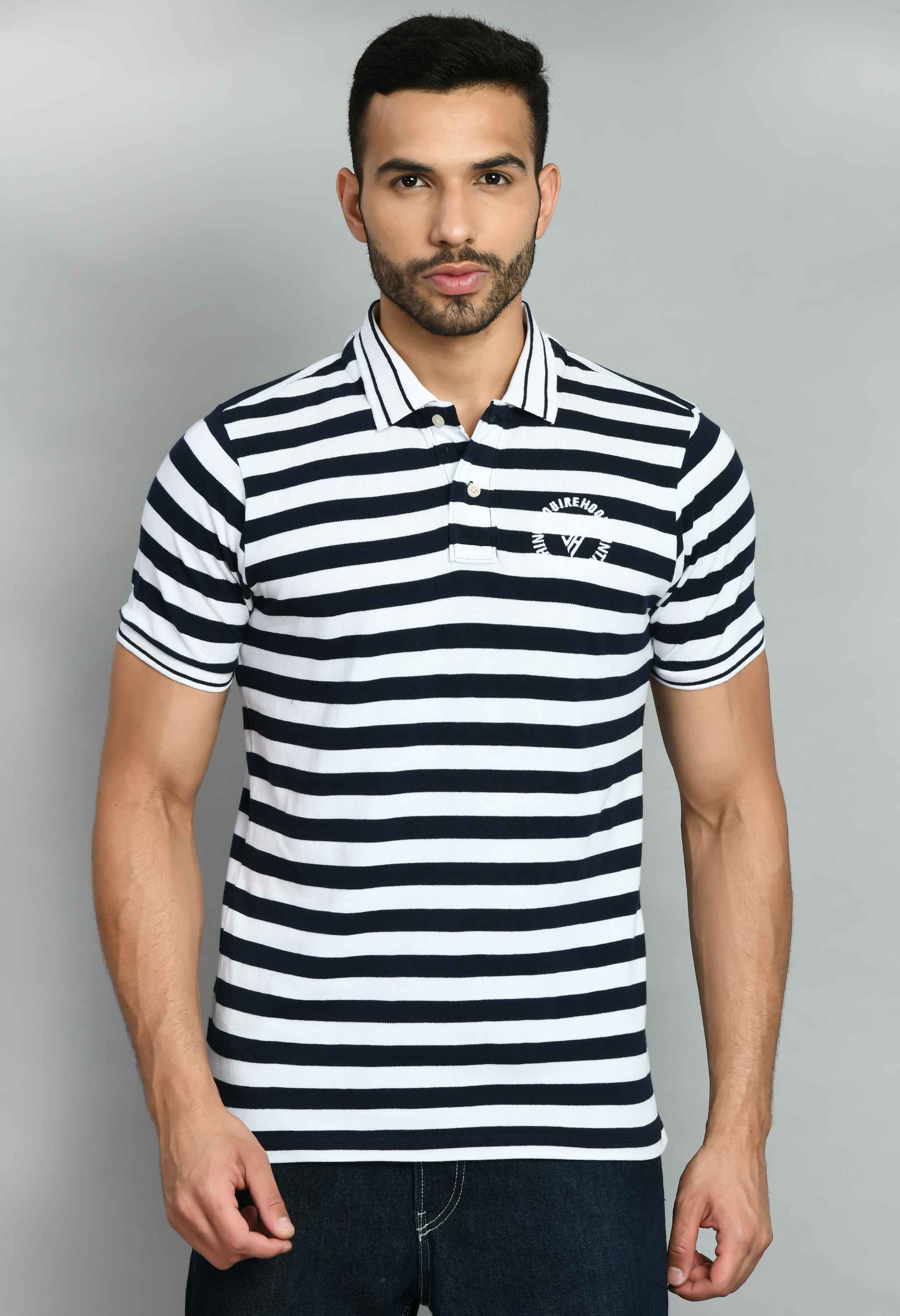 Men's Striped White Navy Smart Fit Polo T-Shirt - SQUIREHOOD