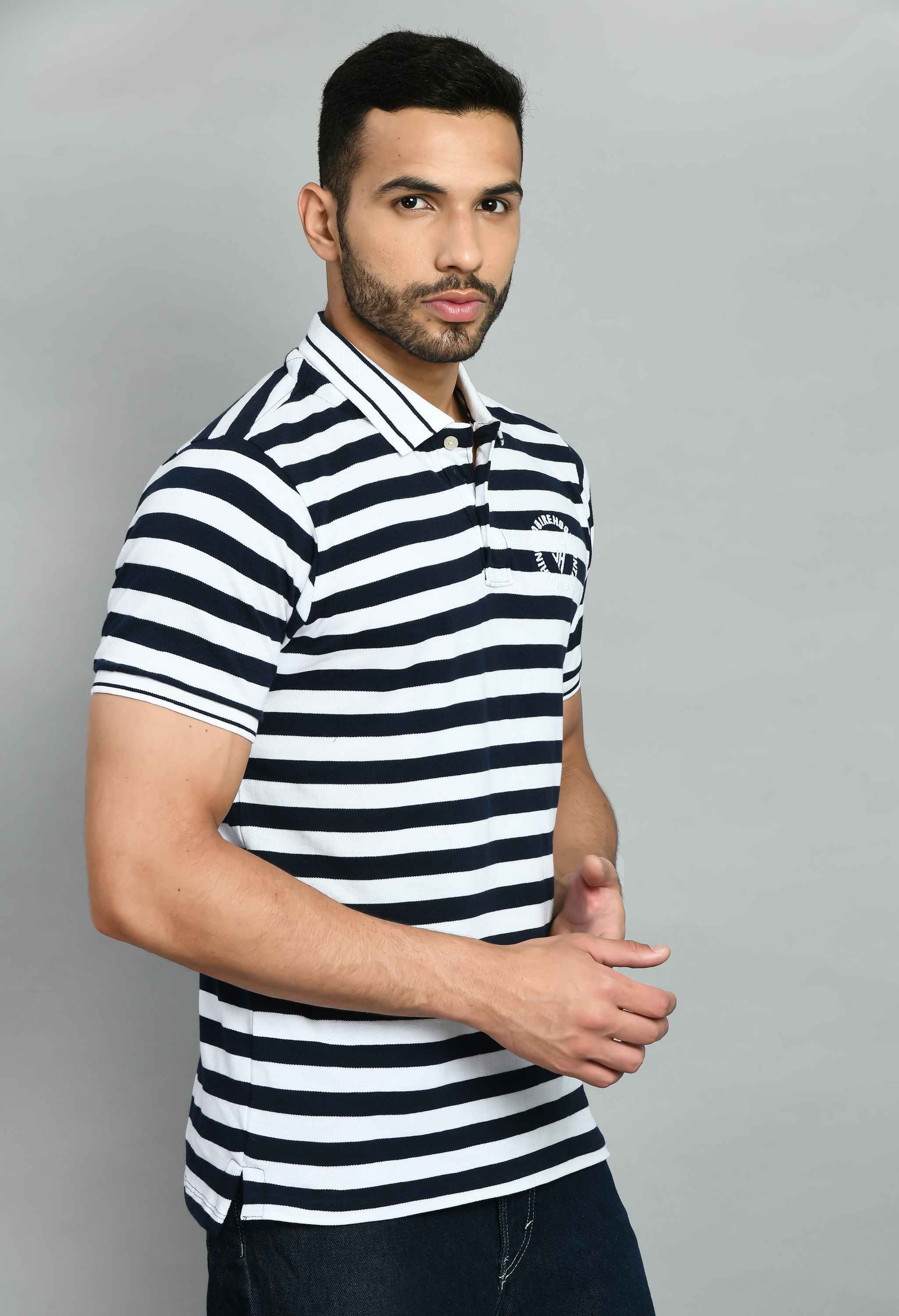 Men's Striped White Navy Smart Fit Polo T-Shirt - SQUIREHOOD