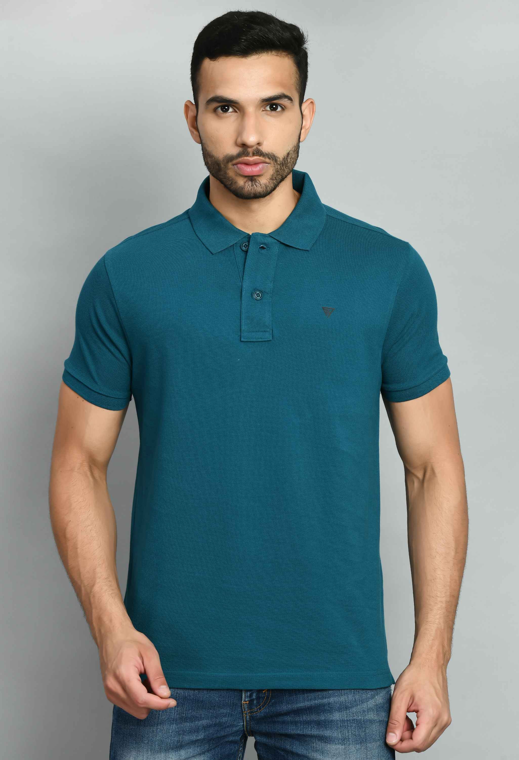 Men's Solid Tint Blue Polo Collar T-Shirt