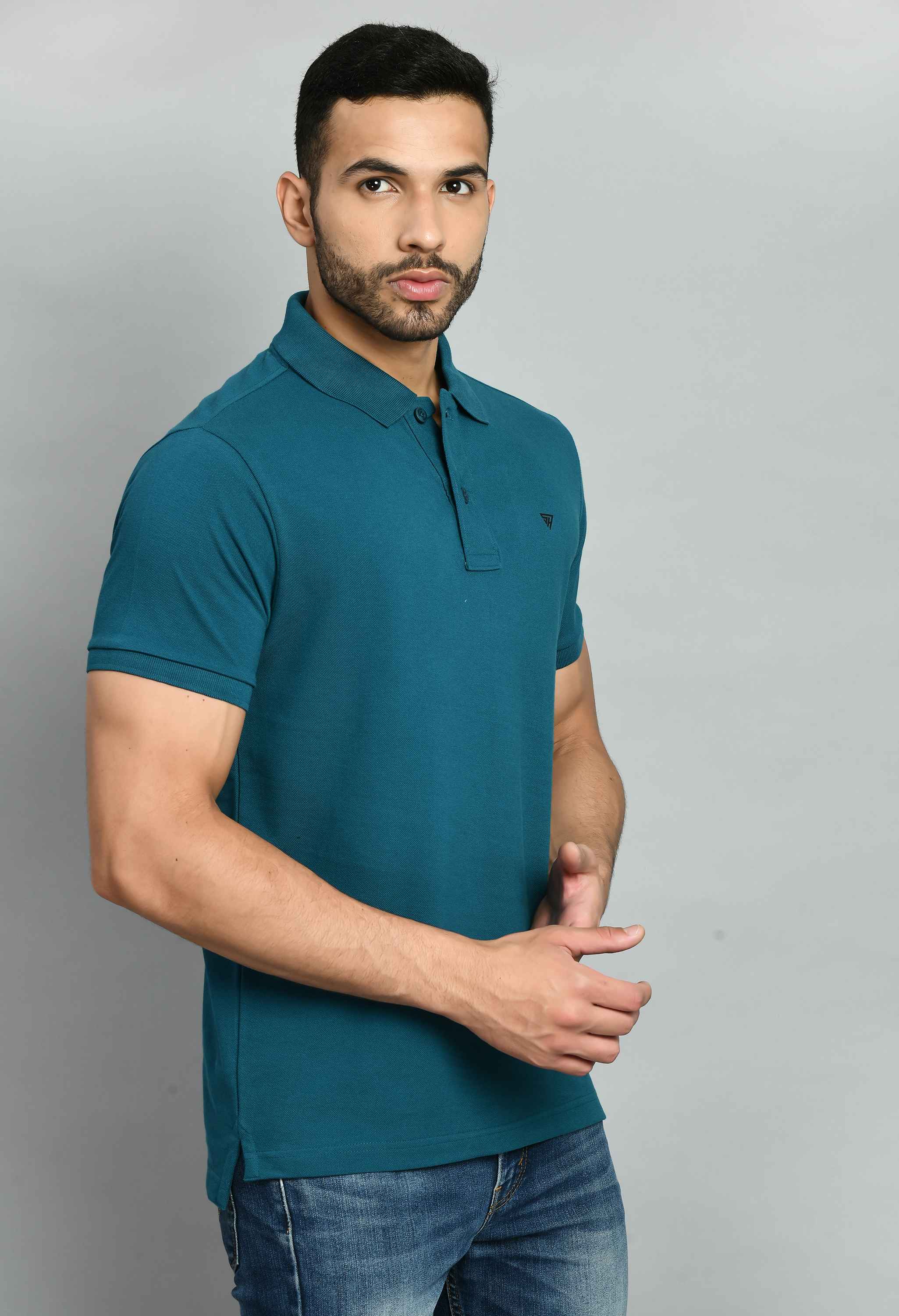 Men's Solid Tint Blue Polo Collar T-Shirt