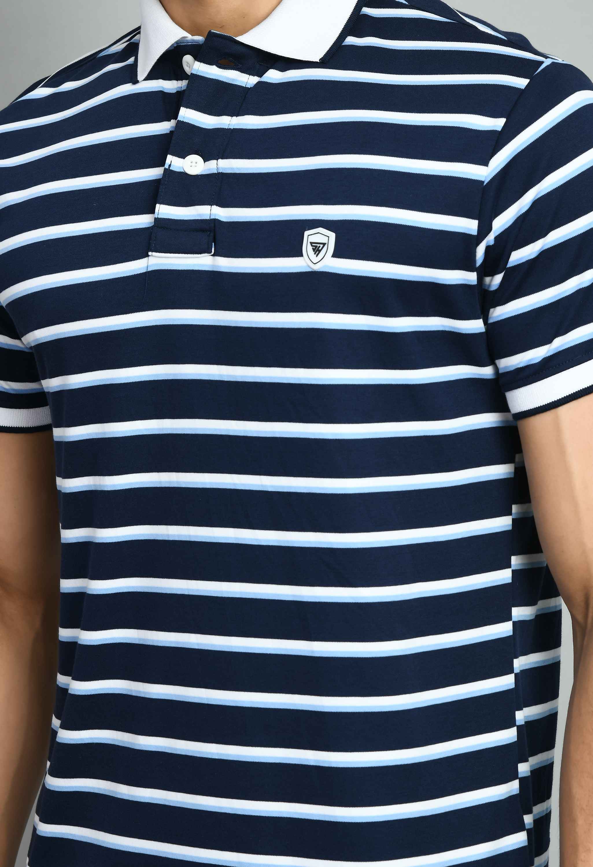 Men's Striped White Blue Polo Neck Tee - SQUIREHOOD