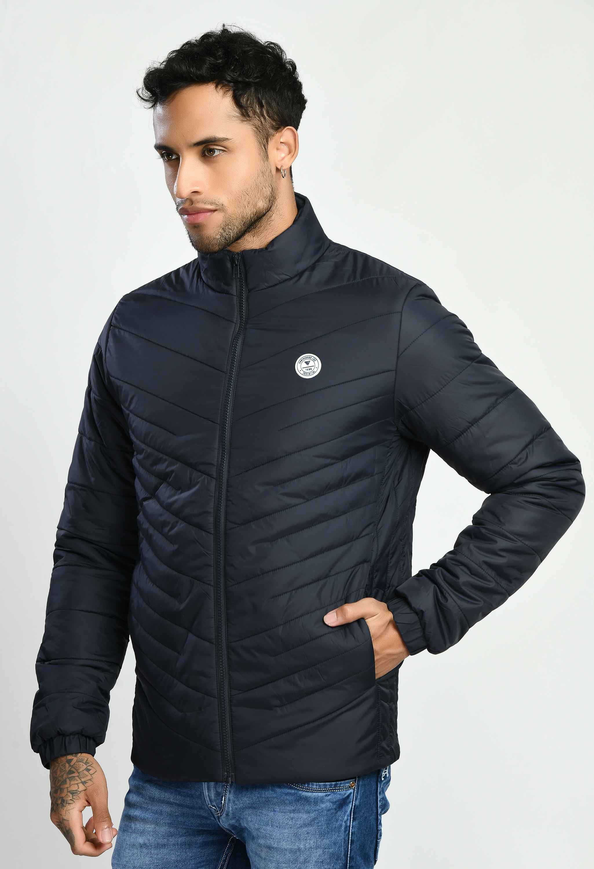 Navy Blue Quilted Bomber Jacket