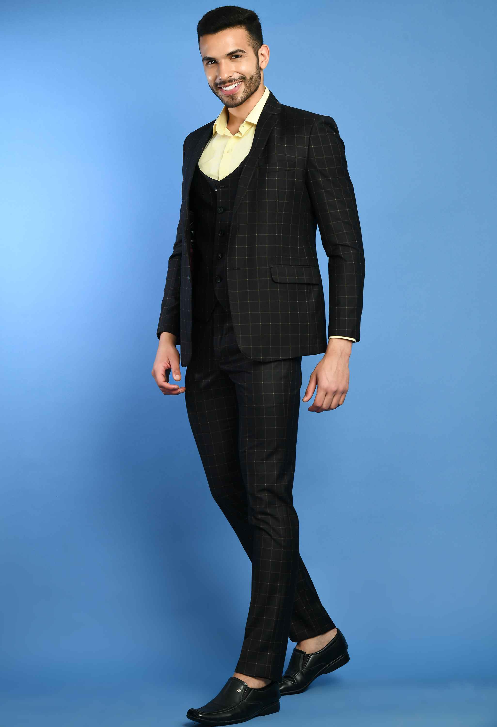 Men's Black Terry Rayon 3Pc Checked Suit Set