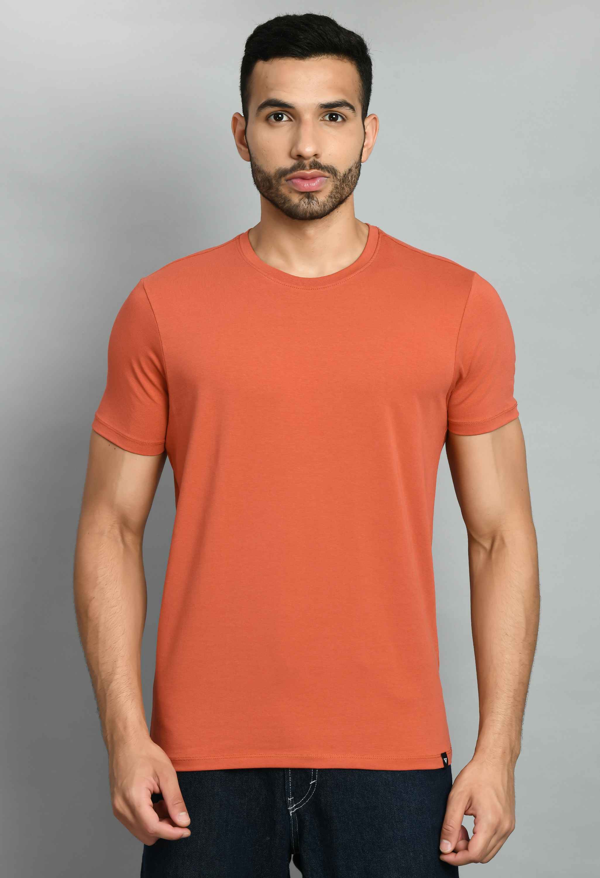 Men's Solid Rust Lycra Round Neck T-Shirt - SQUIREHOOD