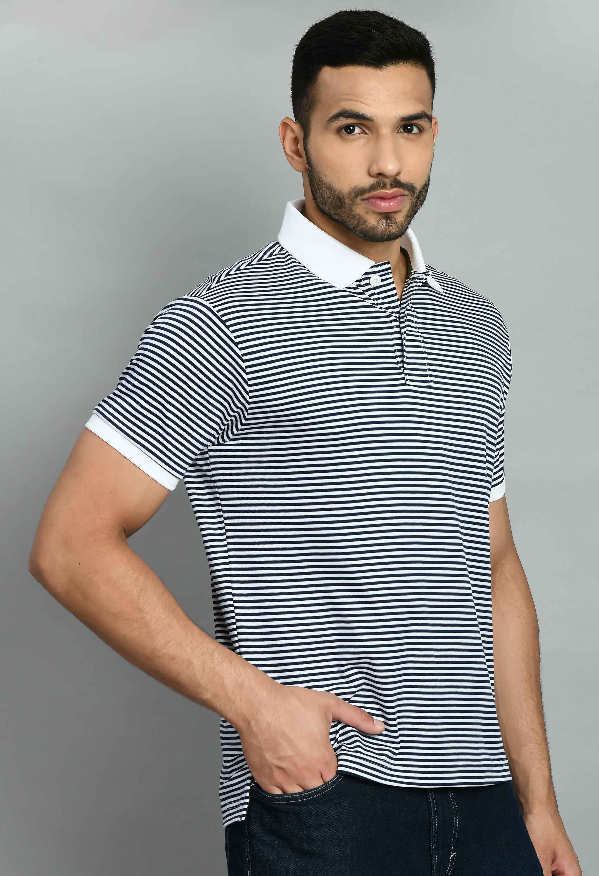 Men's Striped White Navy Smart Fit Polo Tees - SQUIREHOOD