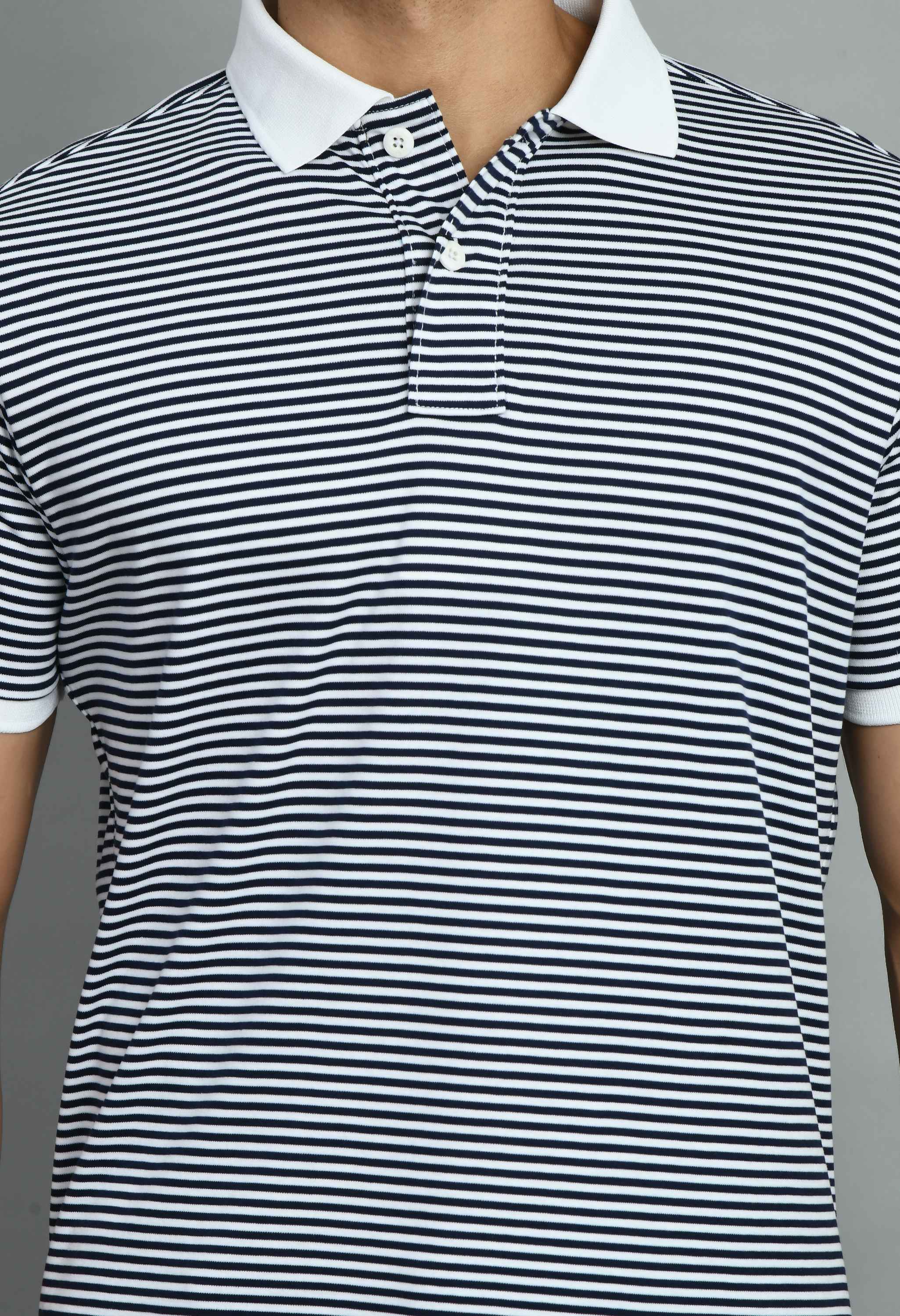 Men's Striped White Navy Smart Fit Polo Tees - SQUIREHOOD
