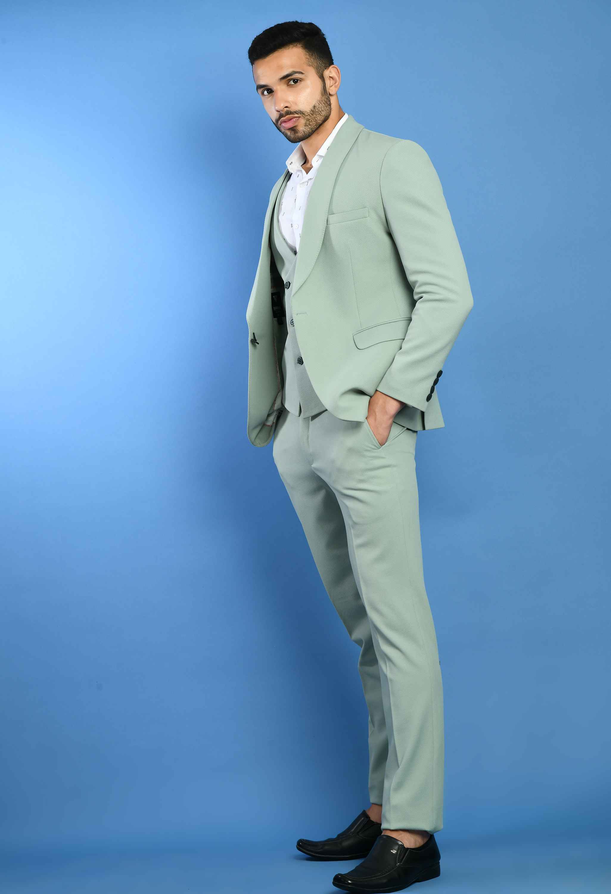 Mint Green Solid Knitted Smart Fit Suit