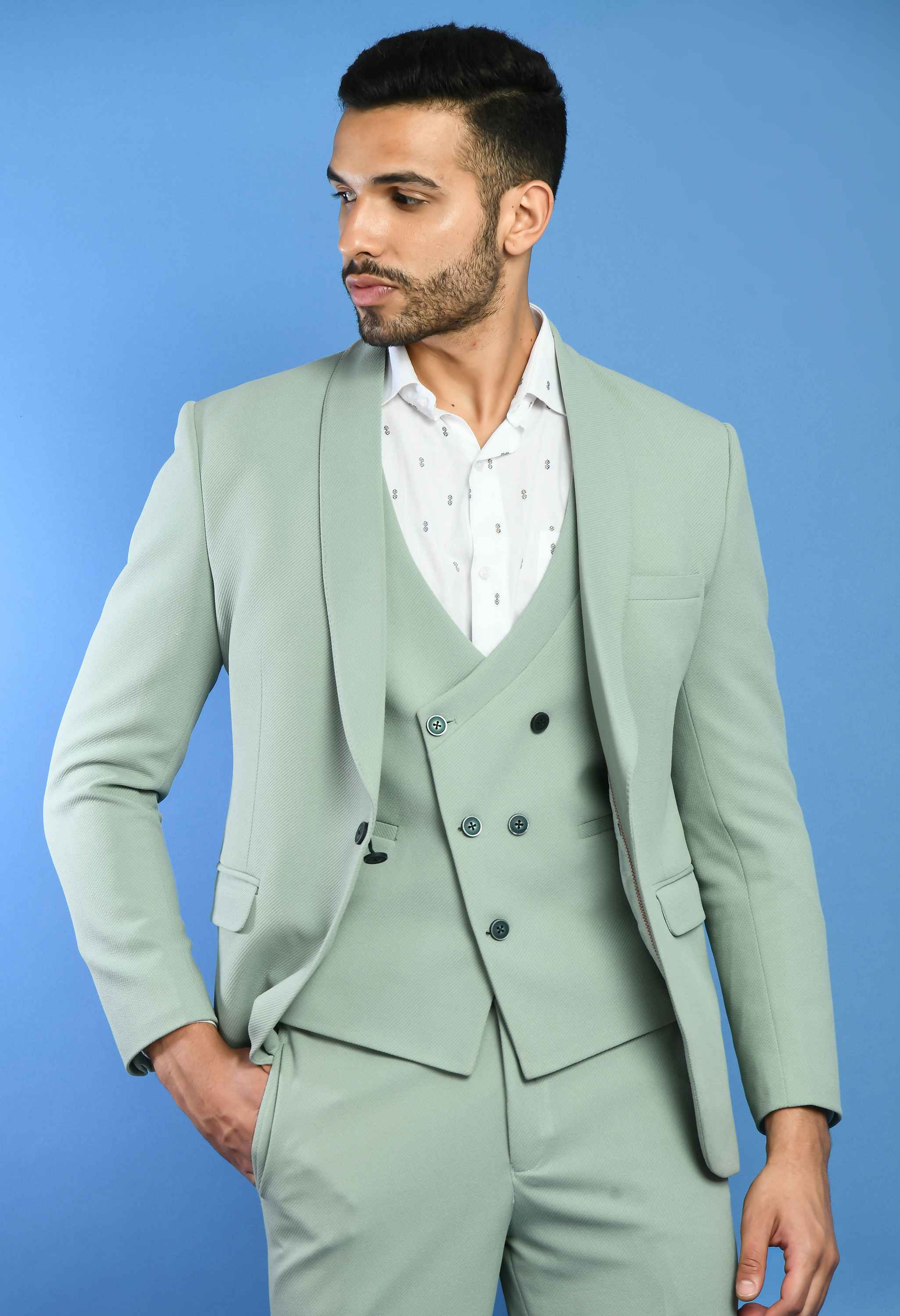 Mint Green Solid Knitted Smart Fit Suit - SQUIREHOOD