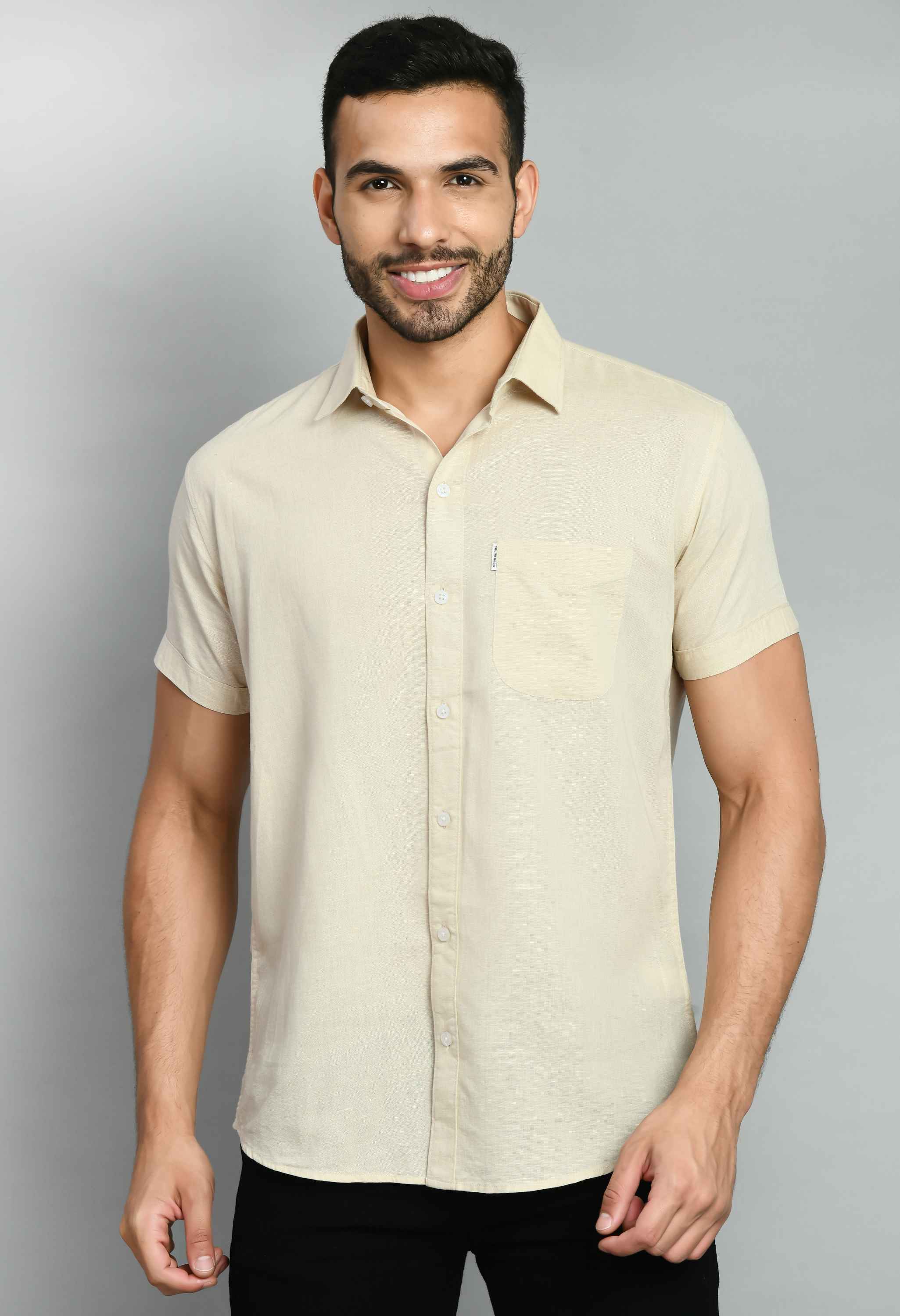 Plain Beige Linen Half Sleeve Shirt