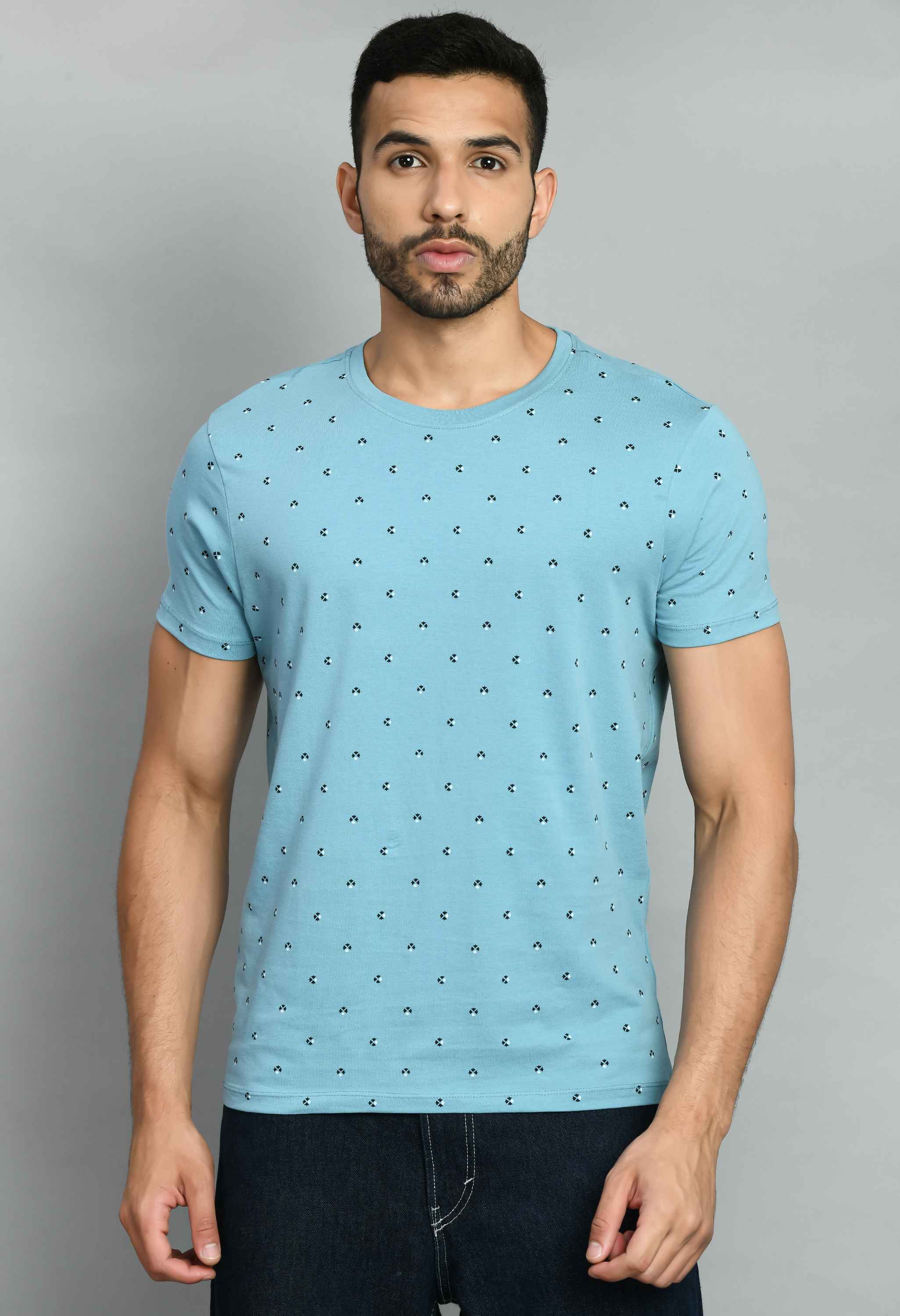 Sky Blue Printed Round Neck T-Shirt