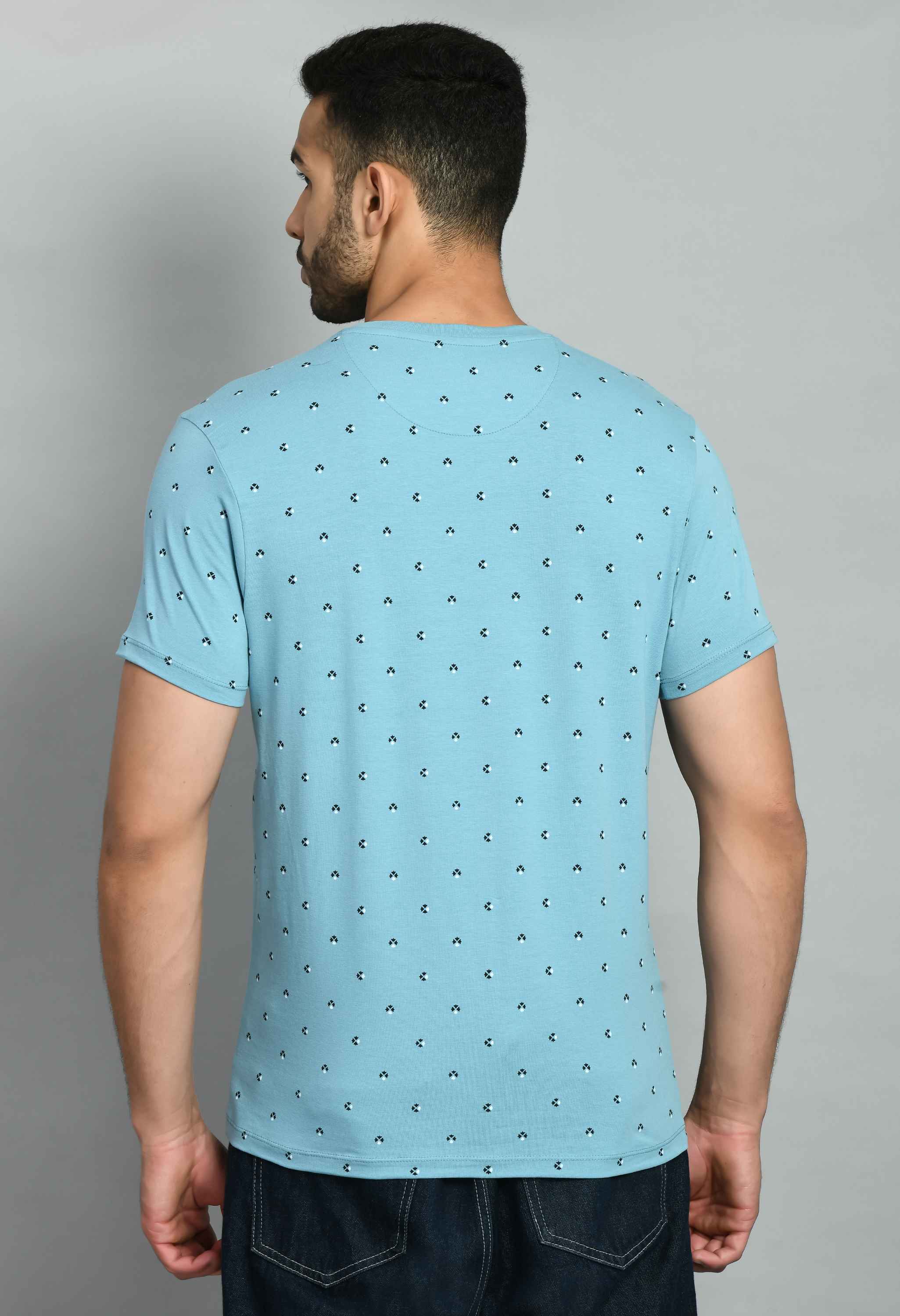 Sky Blue Printed Round Neck T-Shirt - SQUIREHOOD