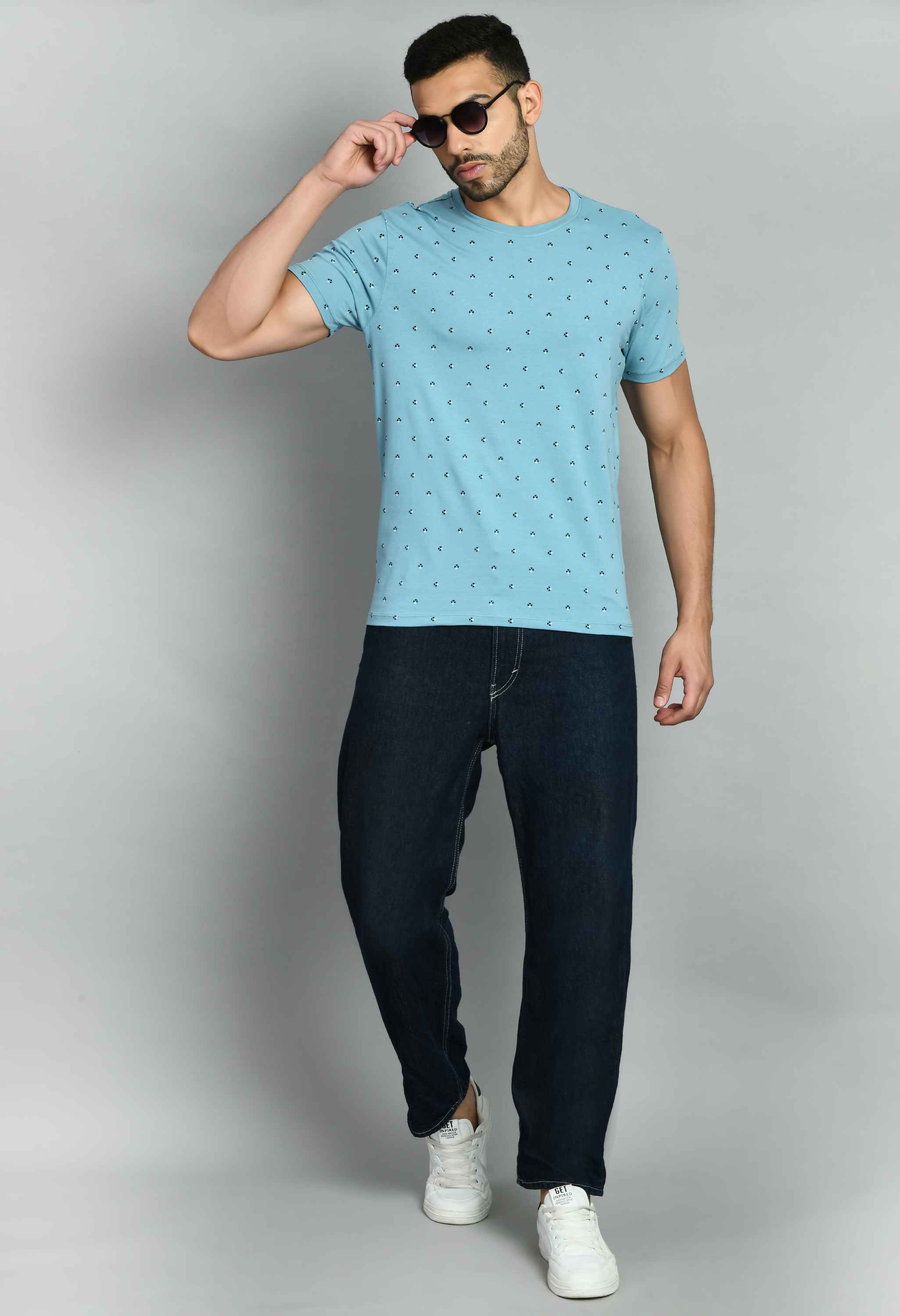 Sky Blue Printed Round Neck T-Shirt - SQUIREHOOD