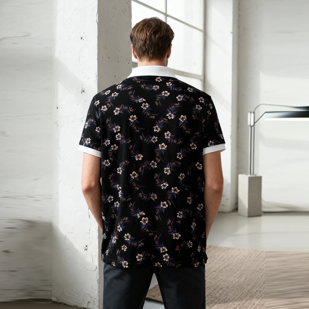Small Floral Black Polo T-Shirt
