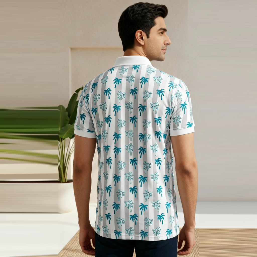 Tropical Palm Trees Striped Printed Polo Tee