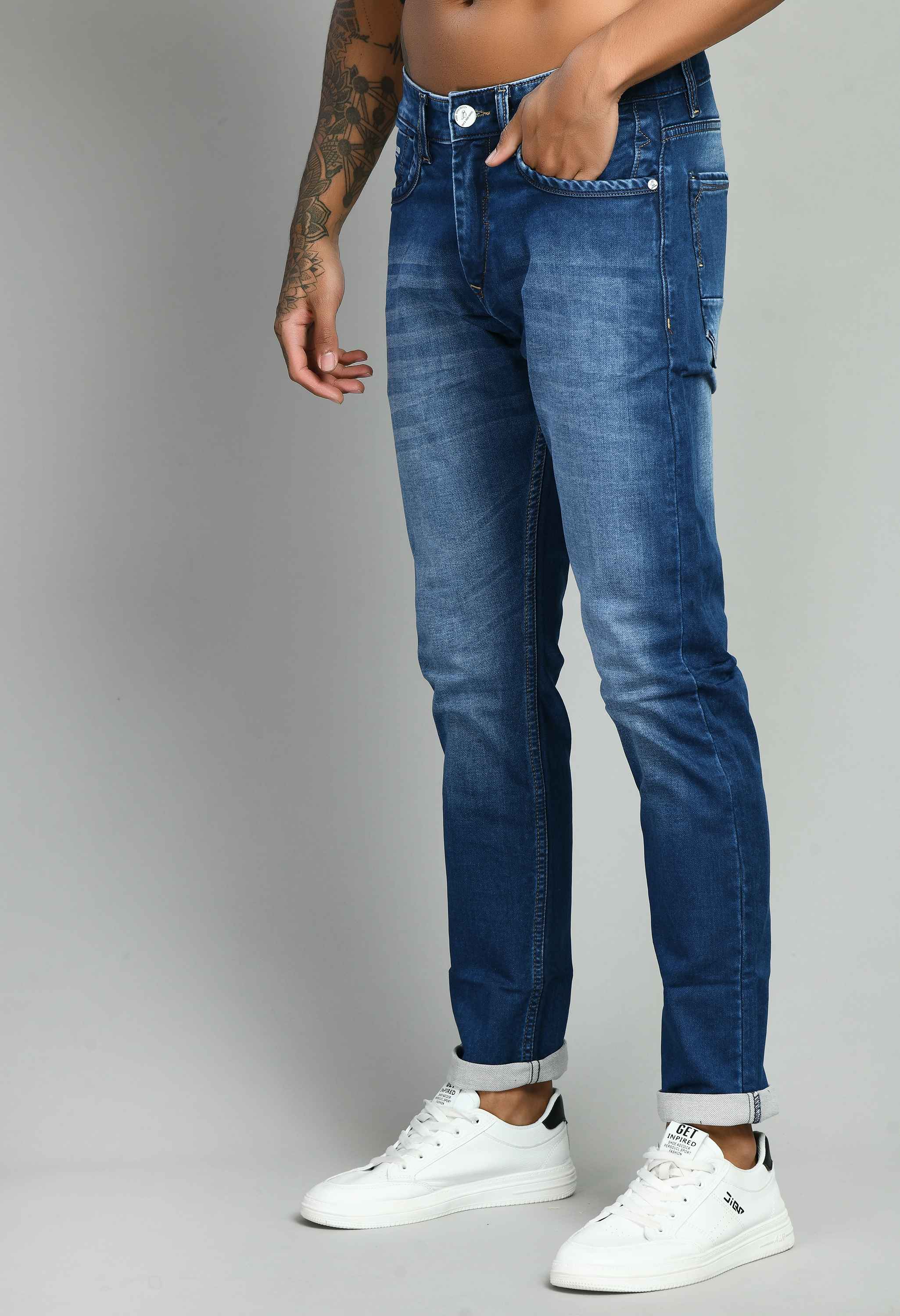 Blue Mid Rise Solid Slim Fit Jeans