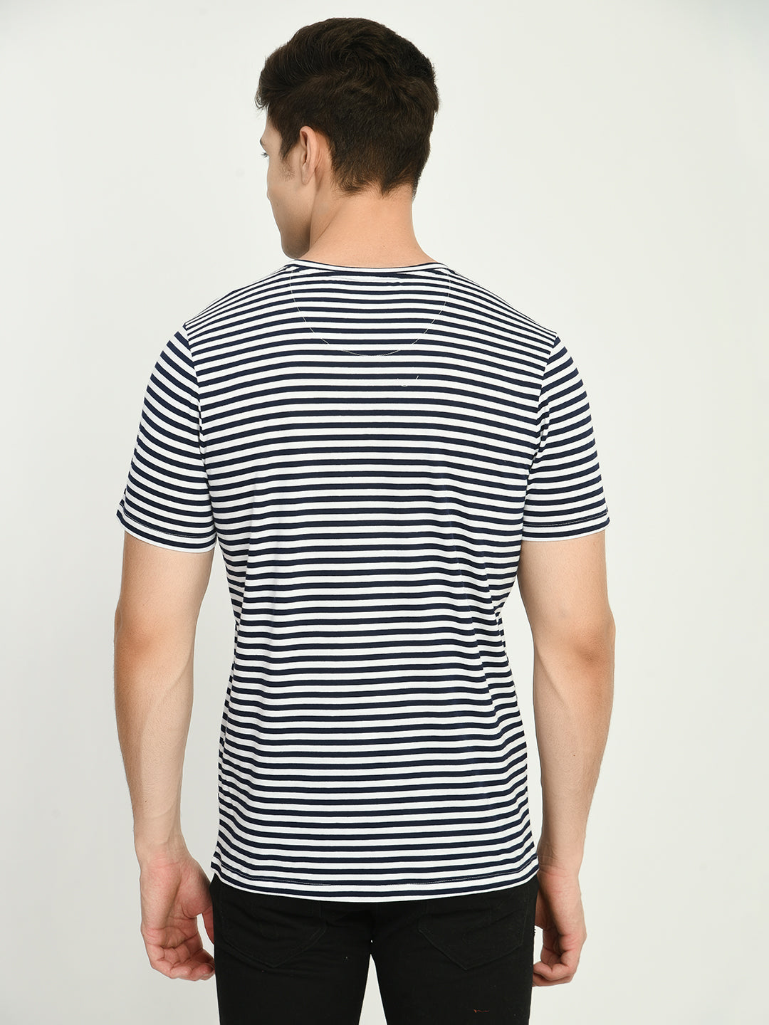 Men's Navy White Striped Round Neck T-Shirt - SQUIREHOOD