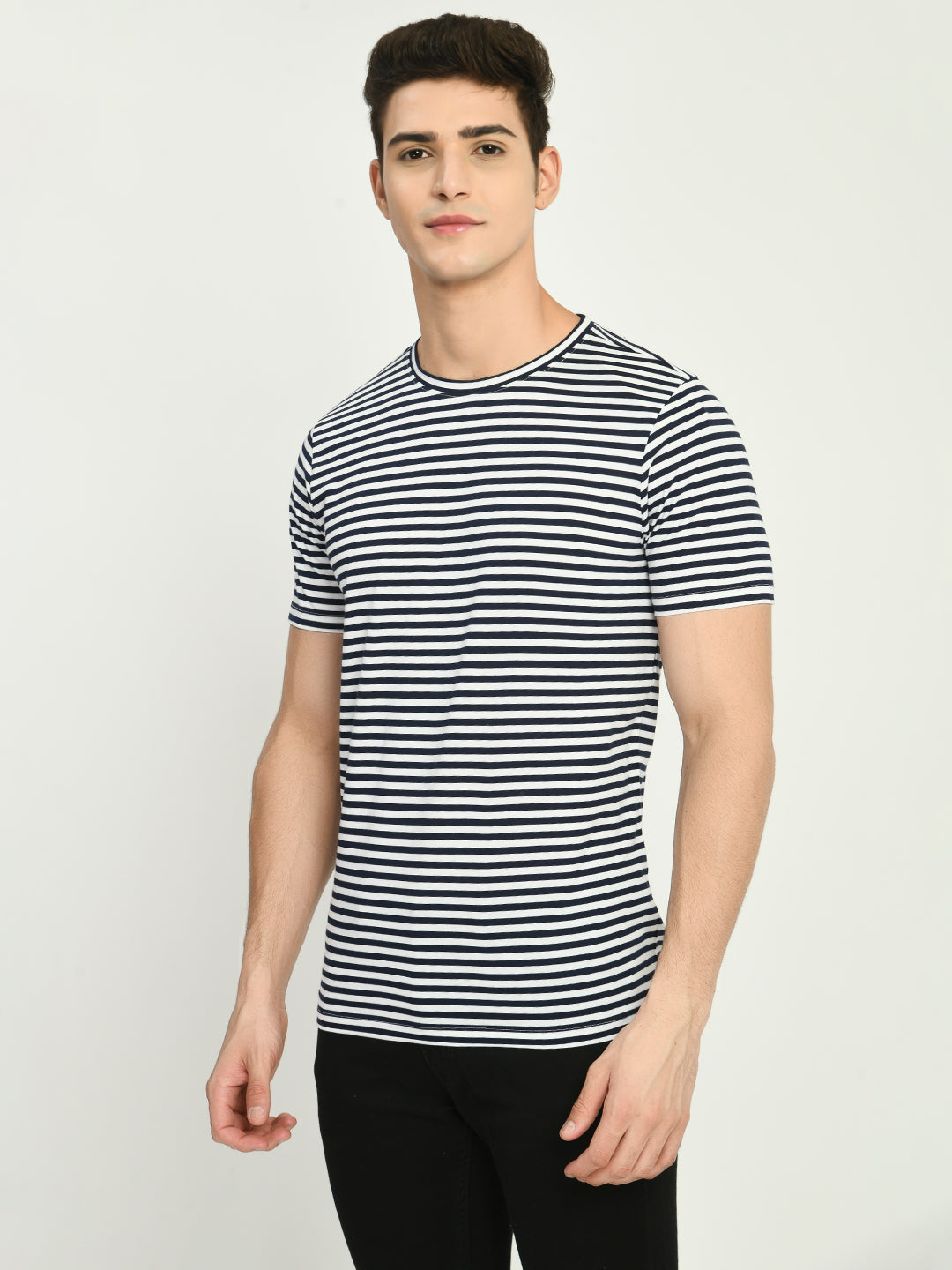 Men's Navy White Striped Round Neck T-Shirt - SQUIREHOOD