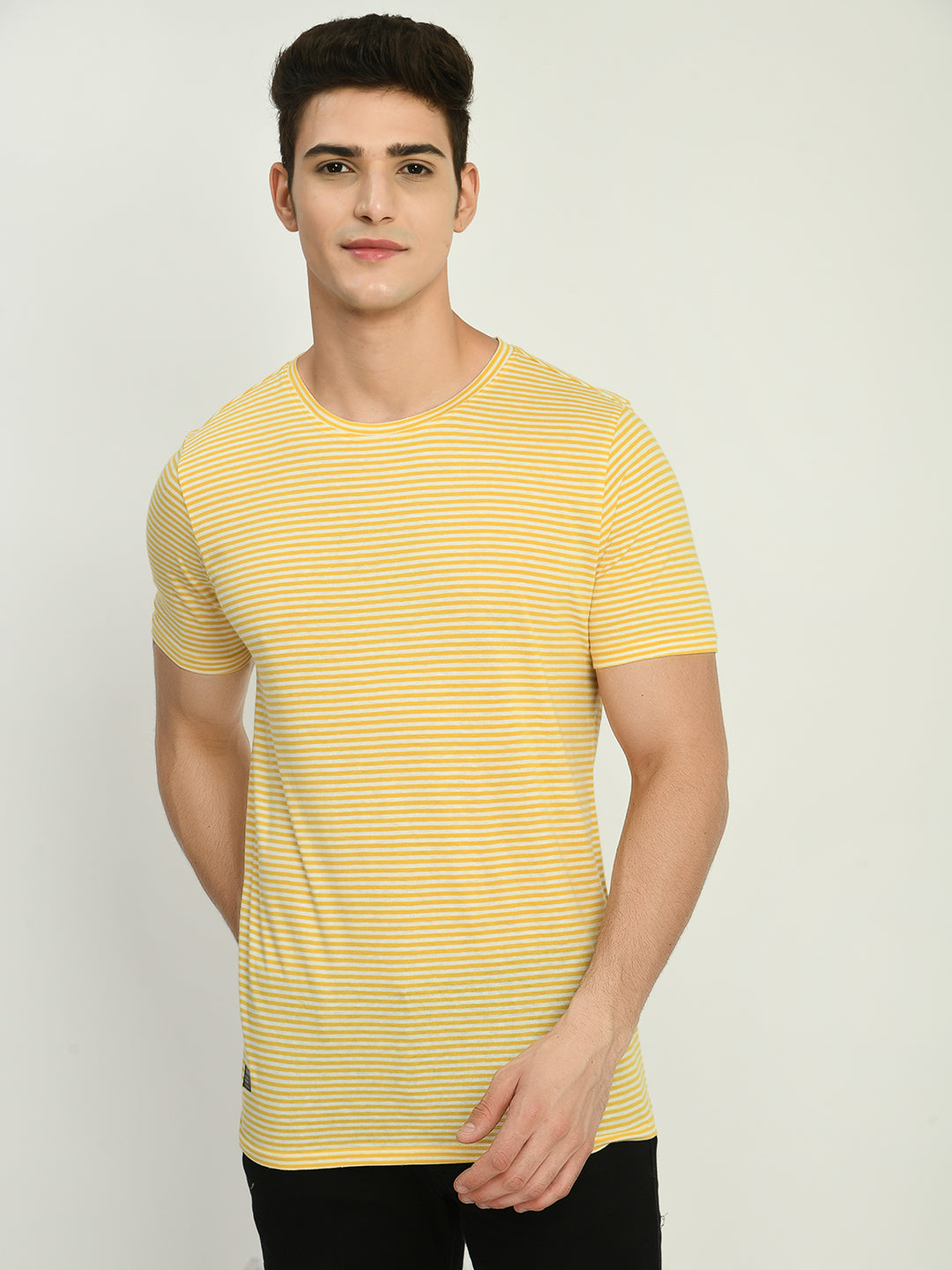 Men's Yellow White Striped Regular Fit T-Shirt
