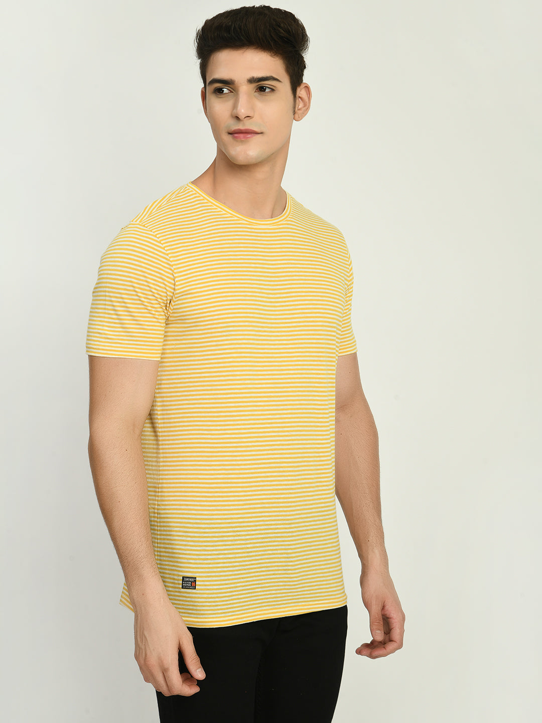 Men's Yellow White Striped Regular Fit T-Shirt