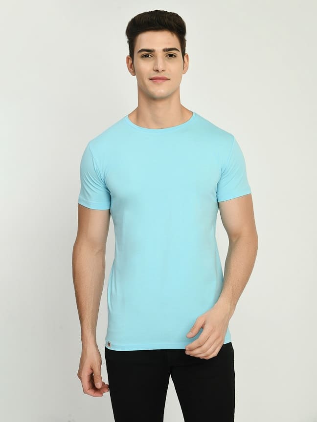 Men's Sky Blue Solid Regular Fit T-Shirt - SQUIREHOOD