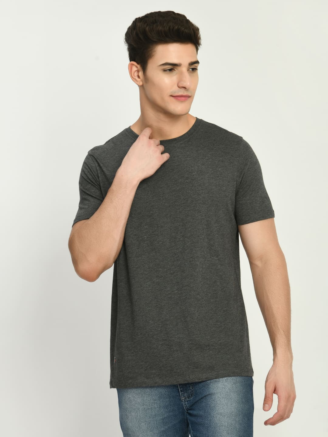 Men's Gray Black Solid Round Neck T-Shirt