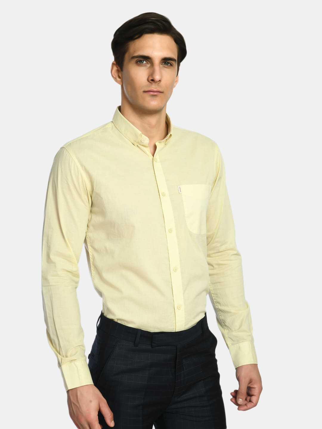 Men's Lemon Yellow Solid Cotton Spread Collar Shirt