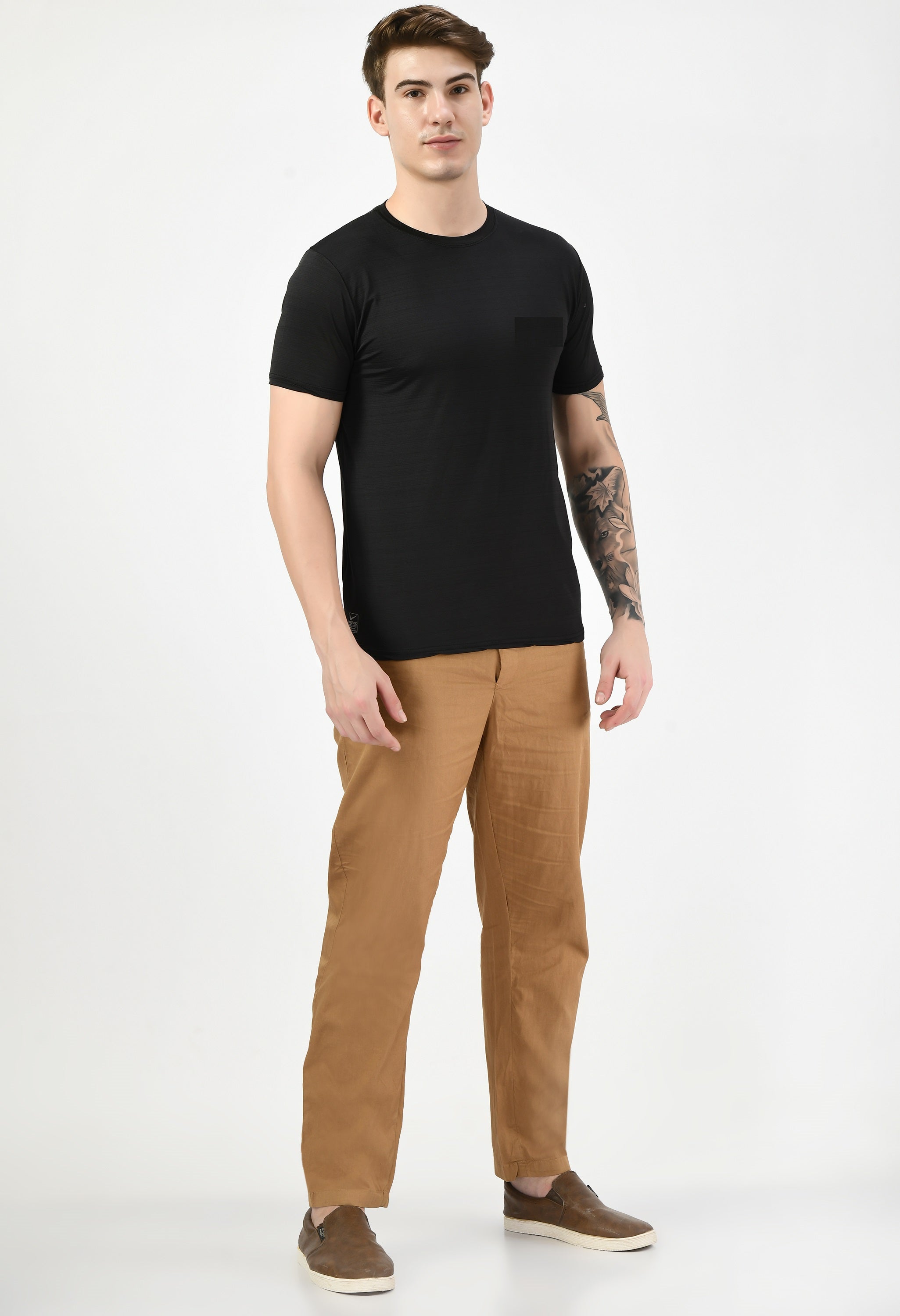 Beige Plain Relaxed Fit Casual Trouser