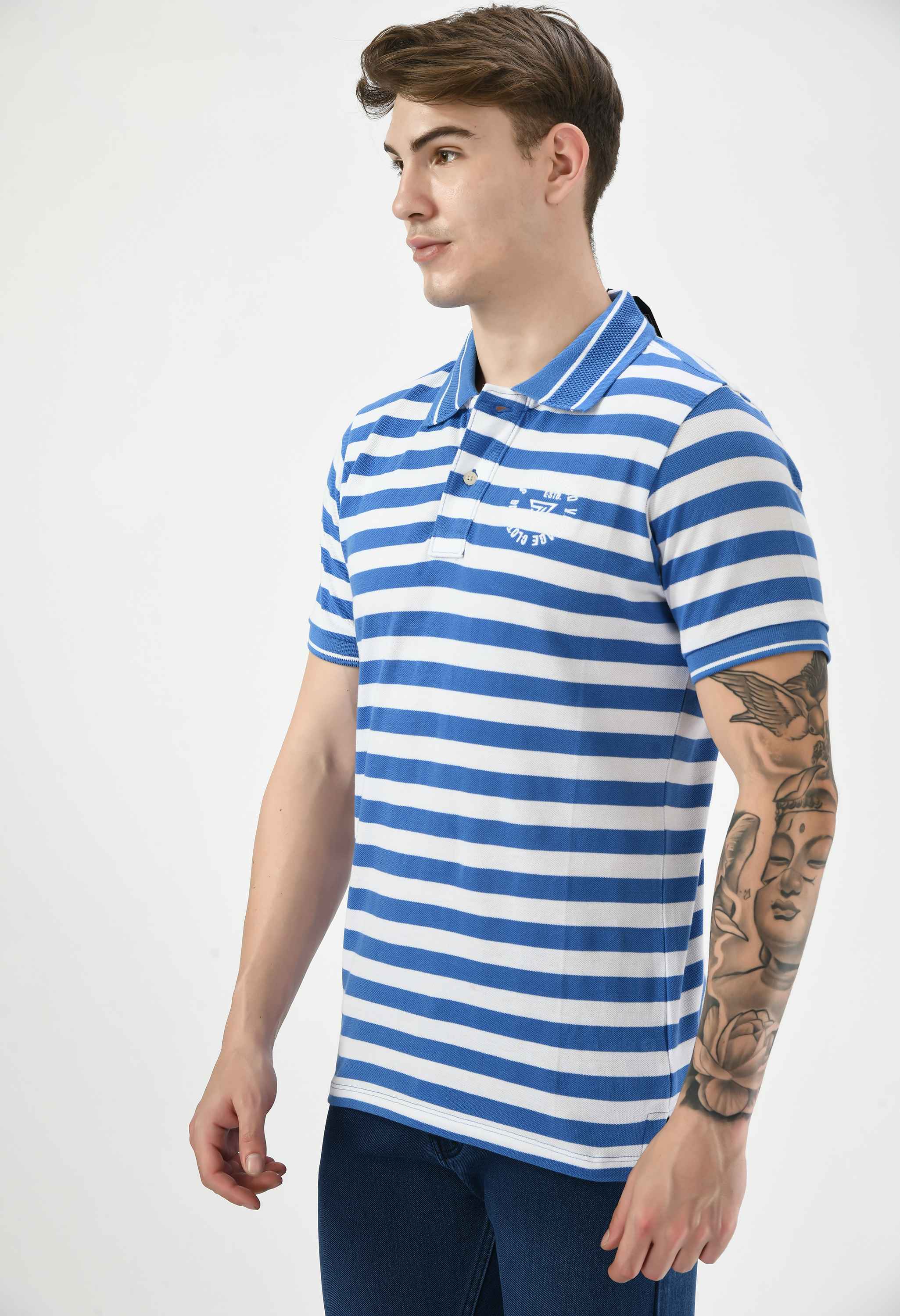 Men White Stripe Polo Neck T-shirt