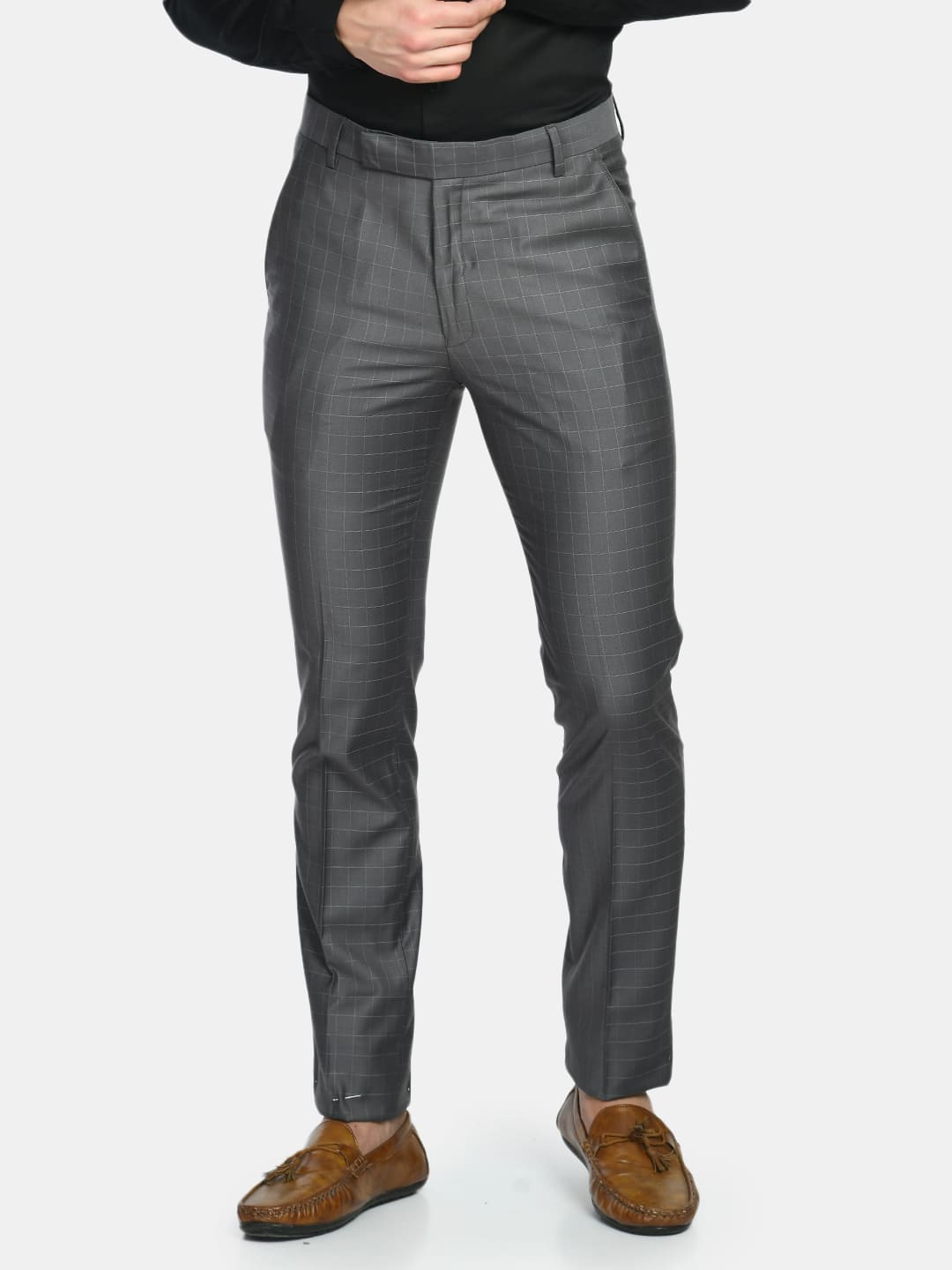 Men's Grey Checked Slim Fit Formal Trouser