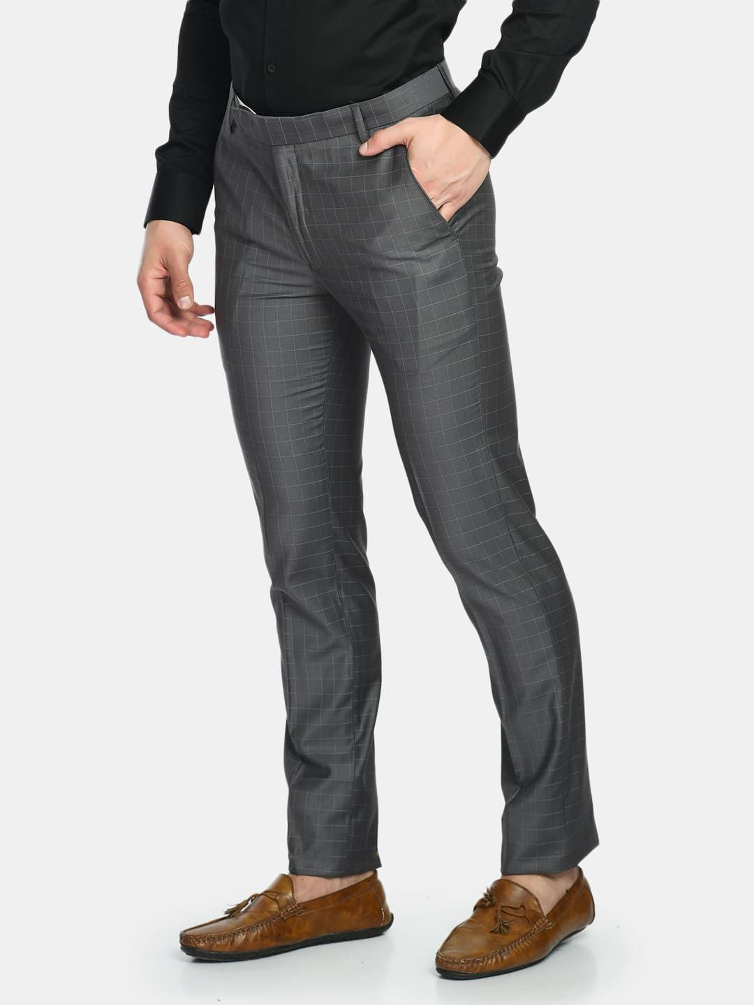 Men's Grey Checked Slim Fit Formal Trouser
