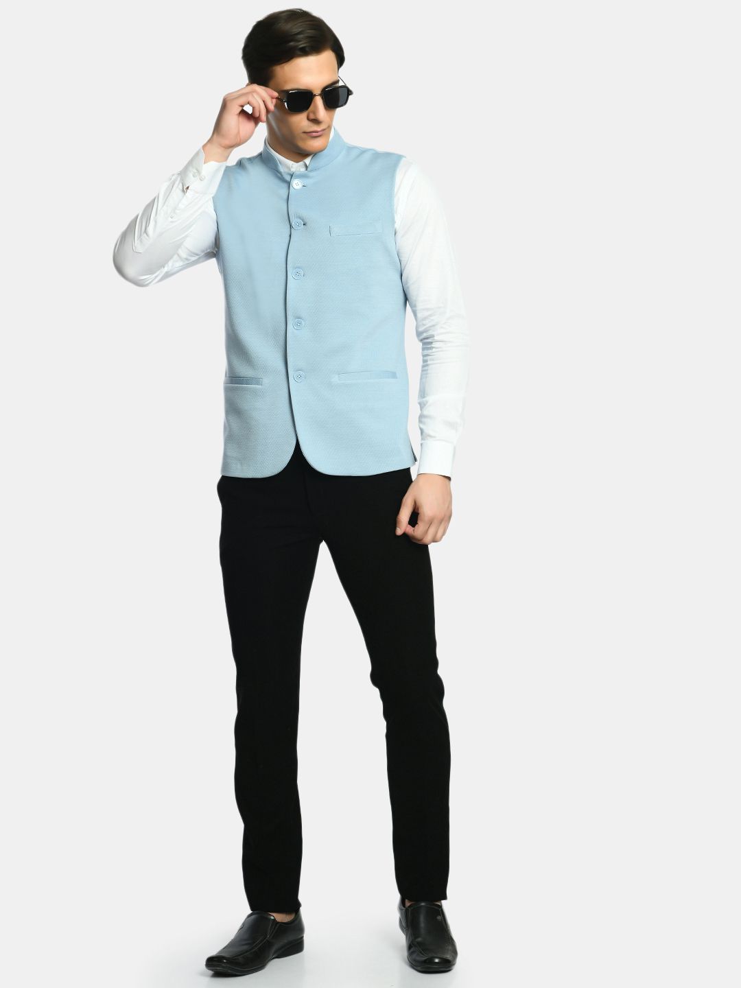 Joy Blue Solid Slim Fit Nehru Jacket