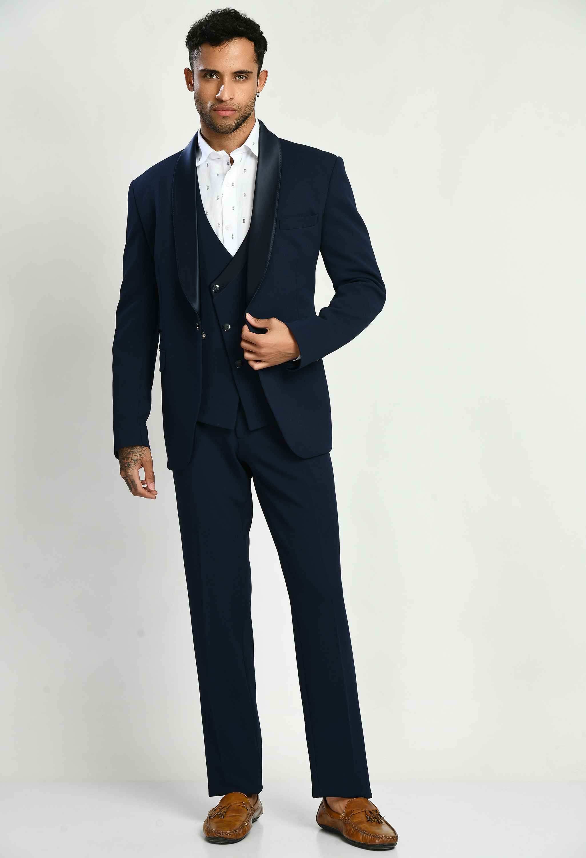 Knitted Navy Blue Self Design Suit