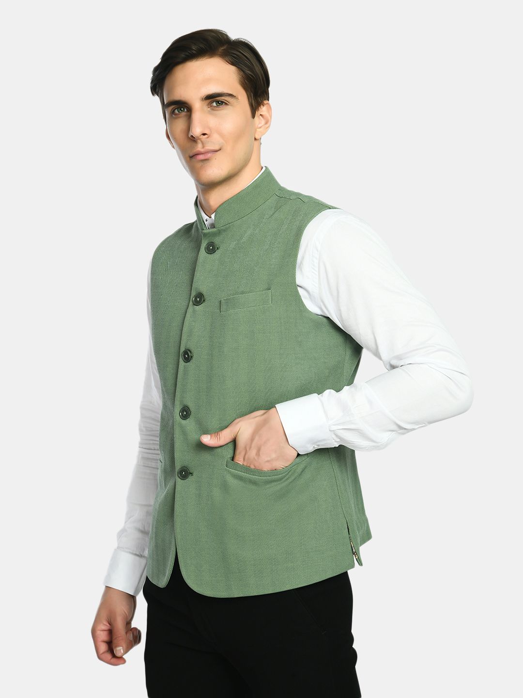Lime Green Knitted Solid Nehru Jacket
