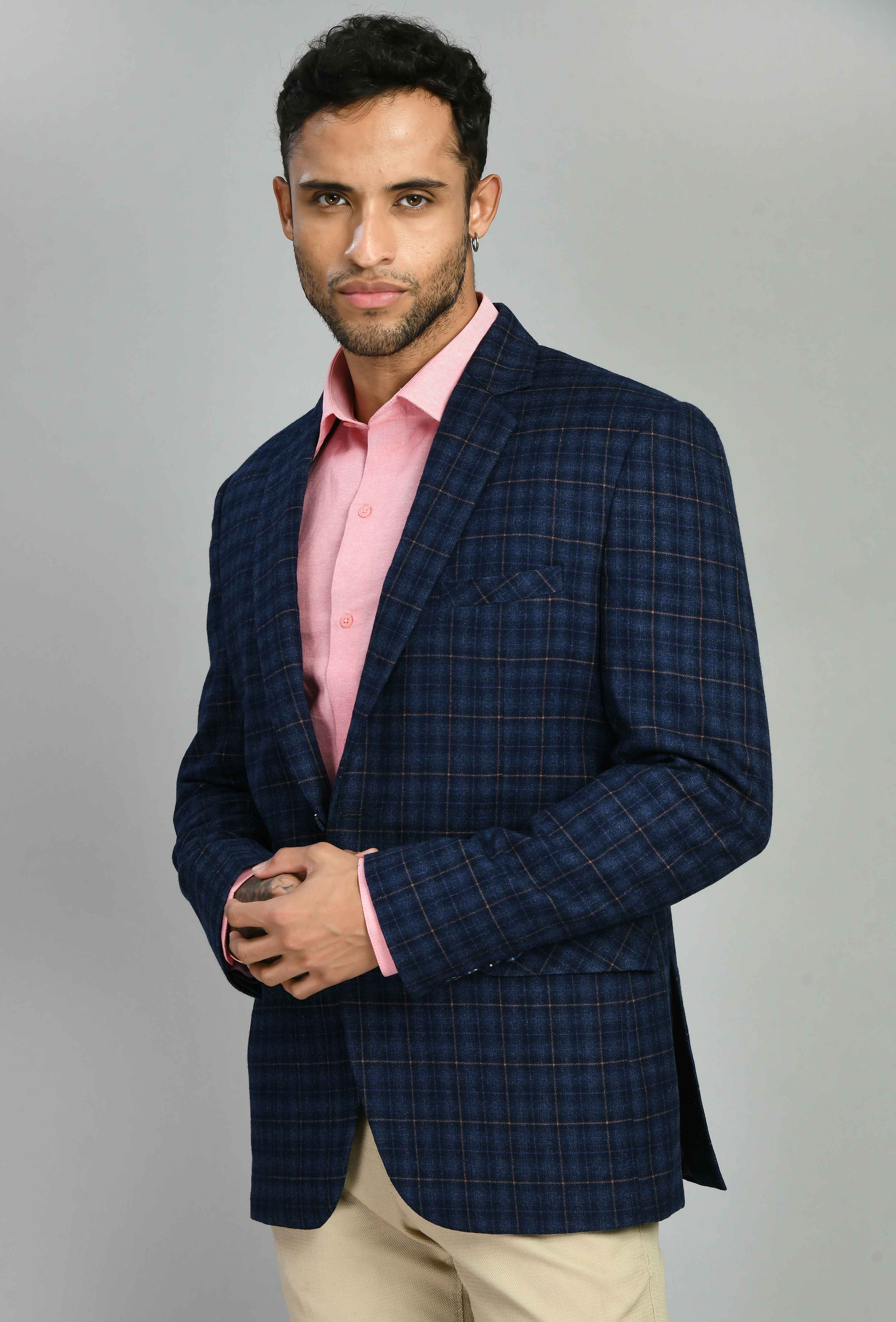 Blue Slim Fit Twid Checks Casual Blazer - Main Image