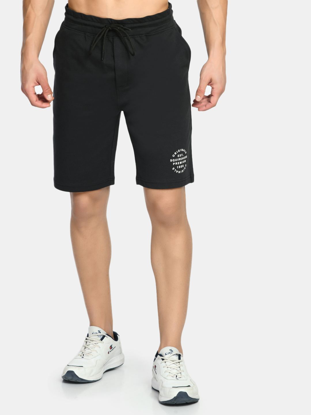 Men's Black Drawstring Waist Solid Knit Shorts